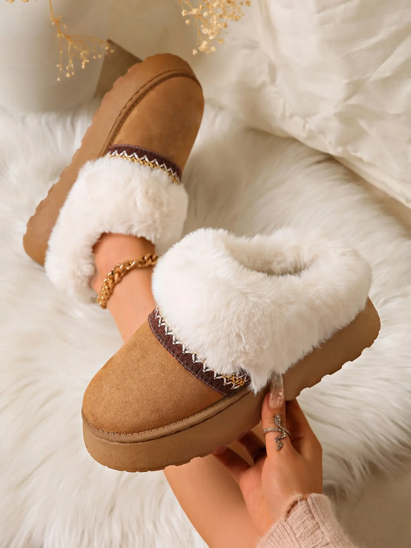 Women's Fuzzy Toe Half Slip-Ons, Chunky Sole Non-Slip Home Slippers, Warm Cotton Slippers, Snow Country Slippers, Thick Soled Slippers, Warm Indoor Footwear