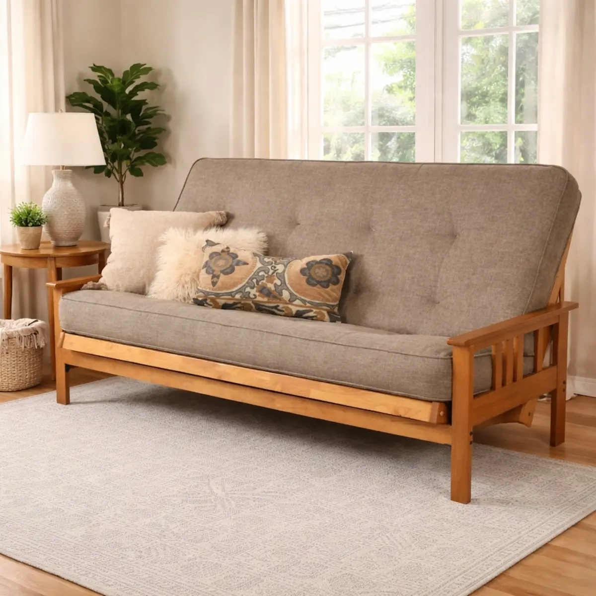 Mission Style Queen-size Futon Frame in Butternut Finish Includes Linen Stone Mattress