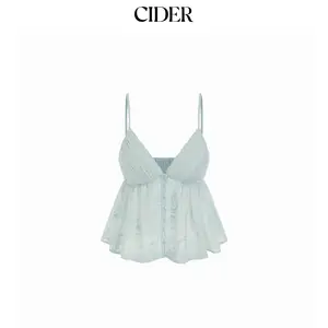 Cider Chiffon V-neck Button Front Lace Panel Crop Cami Blouse
