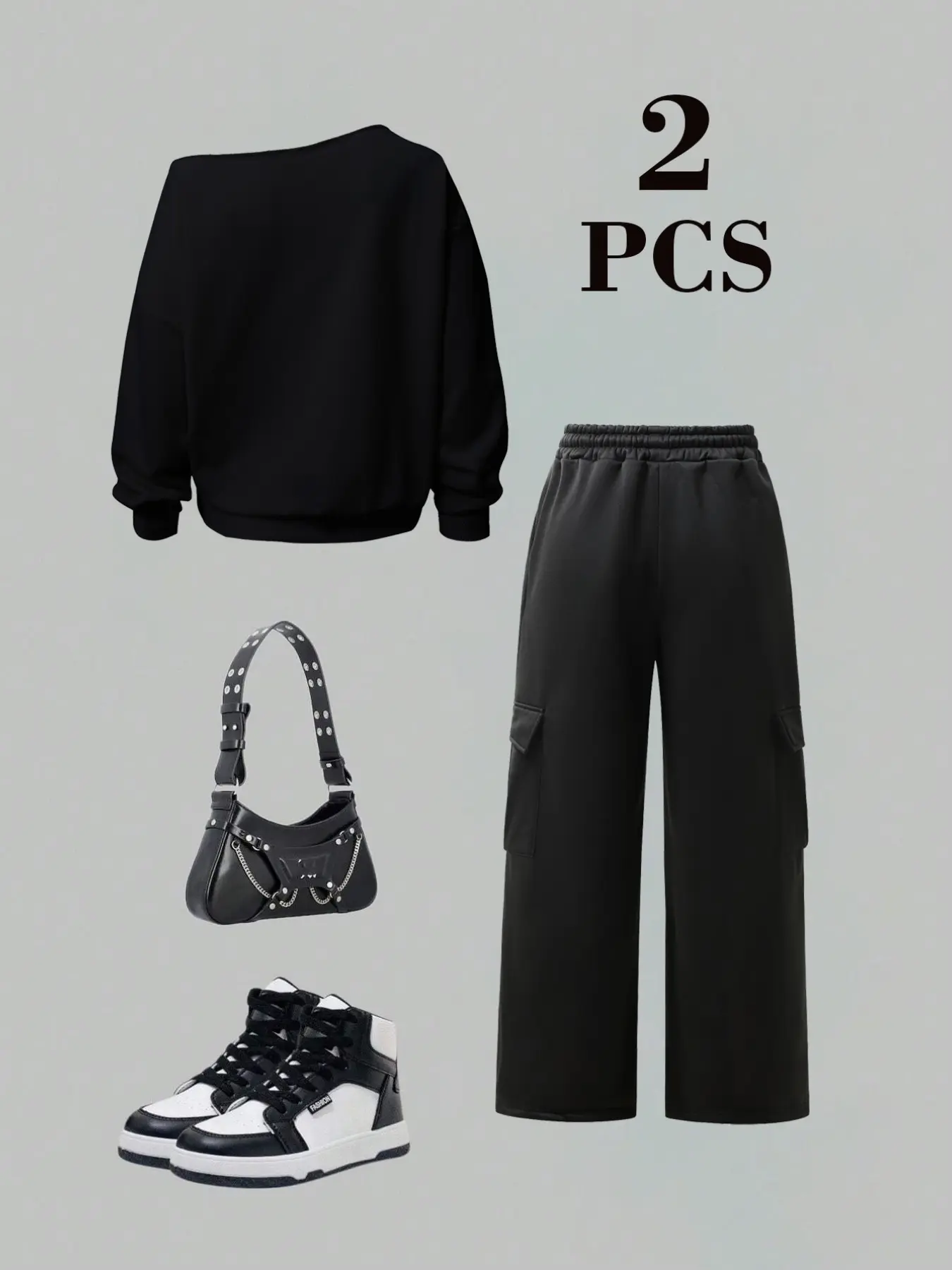 Women's Off Shoulder Long Sleeve Sweatshirt & Cargo Wide Leg Pants Two Piece Set, Y2K Casual Matching Outfit, Loose Co-ord Suit, Fashion Outfit for Streetwear, Daily & Loungewear, 2026 Trendy Women Lounge Set