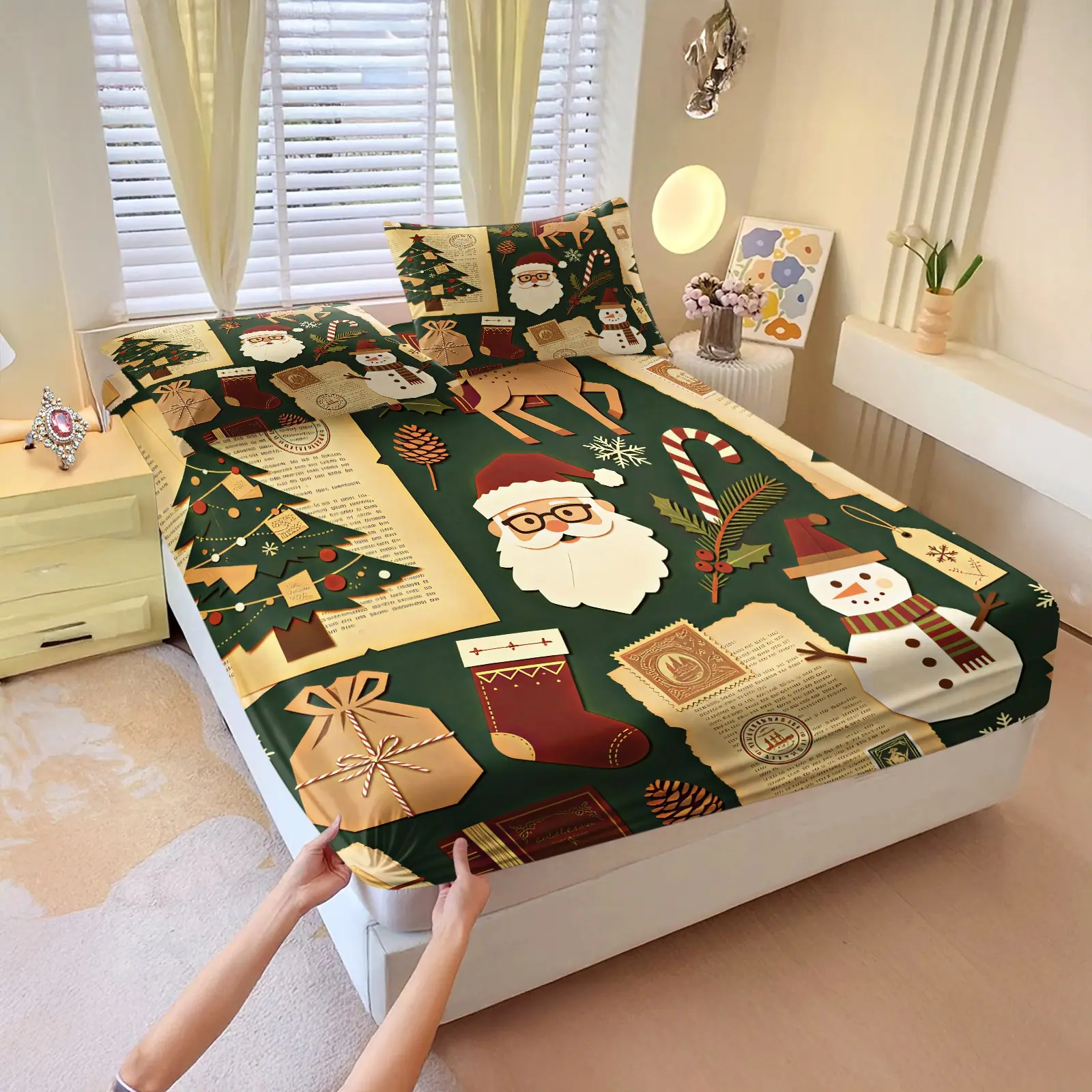 3Pcs Snow Ski Christmas Fitted Sheet Set, Snow Cable Car Santa Snowflake Holly Print, Soft Dustproof Snug Fit Bed Cover