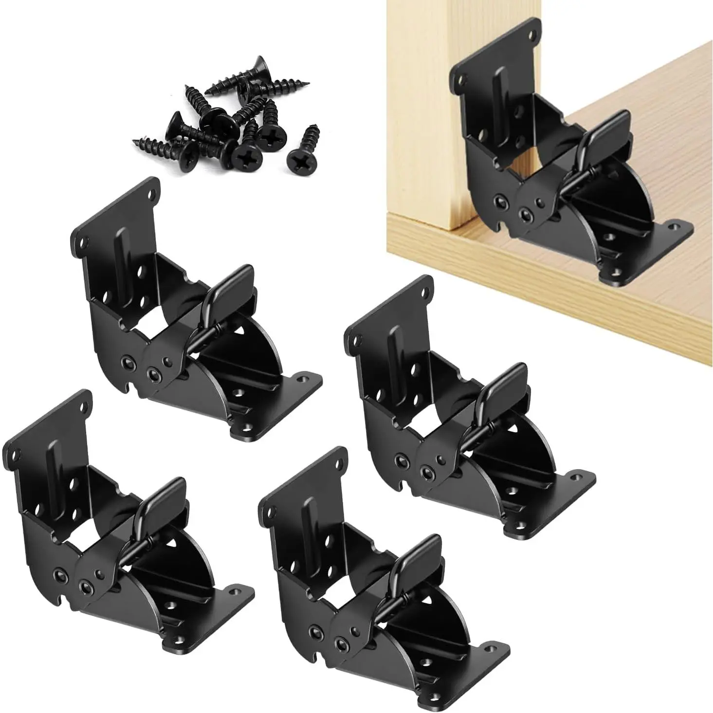 Folding Brackets 4 Pack, Heavy-Duty Self-Locking Hinges with Screws, Foldable Lock Extension Support Brackets for Table , Bed , Workbenches – Black
