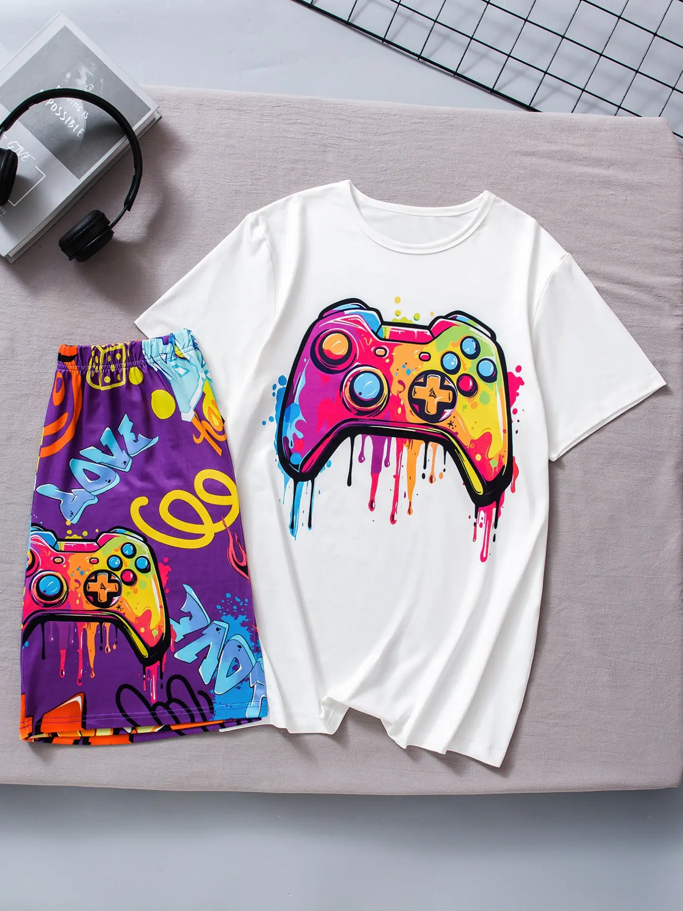 Boys' Game Controller Graffiti Print T-Shirt Shorts Set, 2-Piece Player, Colorful Ink Design, Suitable for Toddler Gaming & Daily Wear