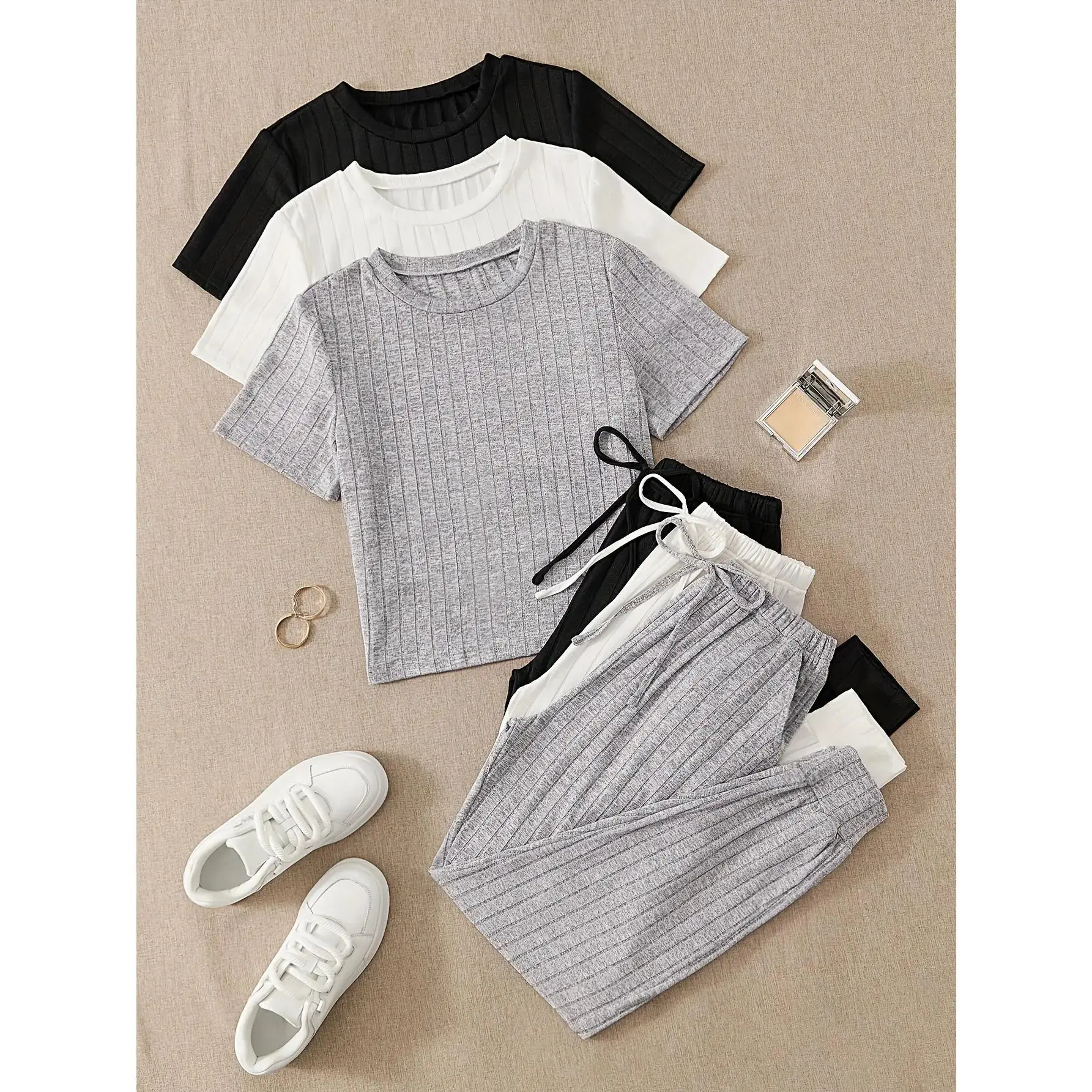 3 Sets Women's Solid Ribbed Casual Lounge Set, Short Sleeve Round Neck Top & Drawstring Joggers, Comfortable Relaxed Fit