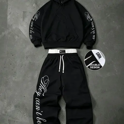 Trendy Y2K Streetwear Graphic Sweatsuit Set, Double-Waistband Drawstring Sweatpants & Hoodie Two-Piece, Aesthetic Oversized Stylish Casual Tracksuit for Men & Women