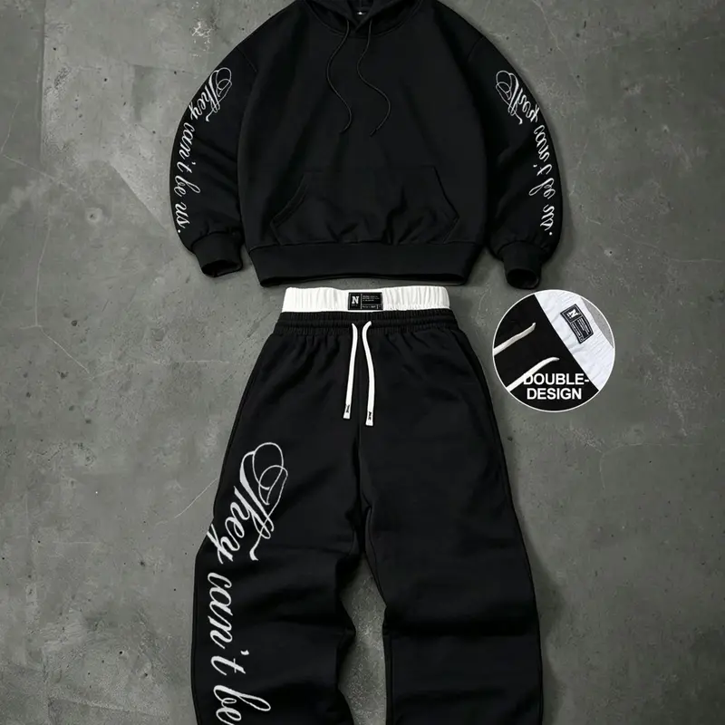 Trendy Y2K Streetwear Graphic Sweatsuit Set, Double-Waistband Drawstring Sweatpants & Hoodie Two-Piece, Aesthetic Oversized Stylish Casual Tracksuit for Men & Women