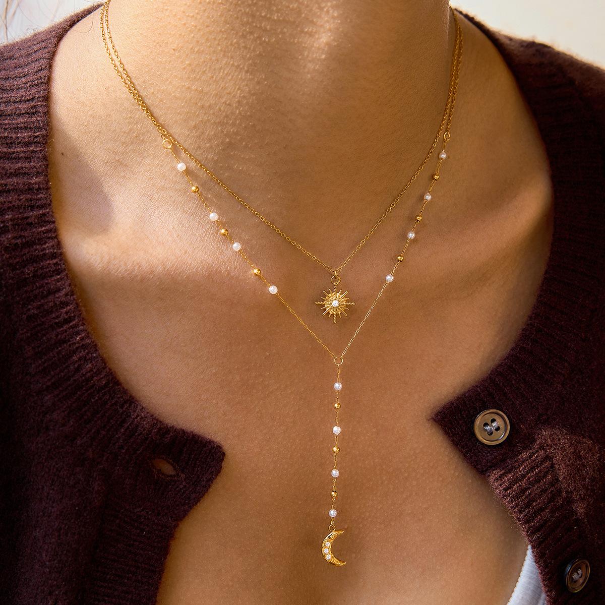 Sun & Moon Pendant Necklace, Double Layer Pearl Choker, Anti-Tarnish