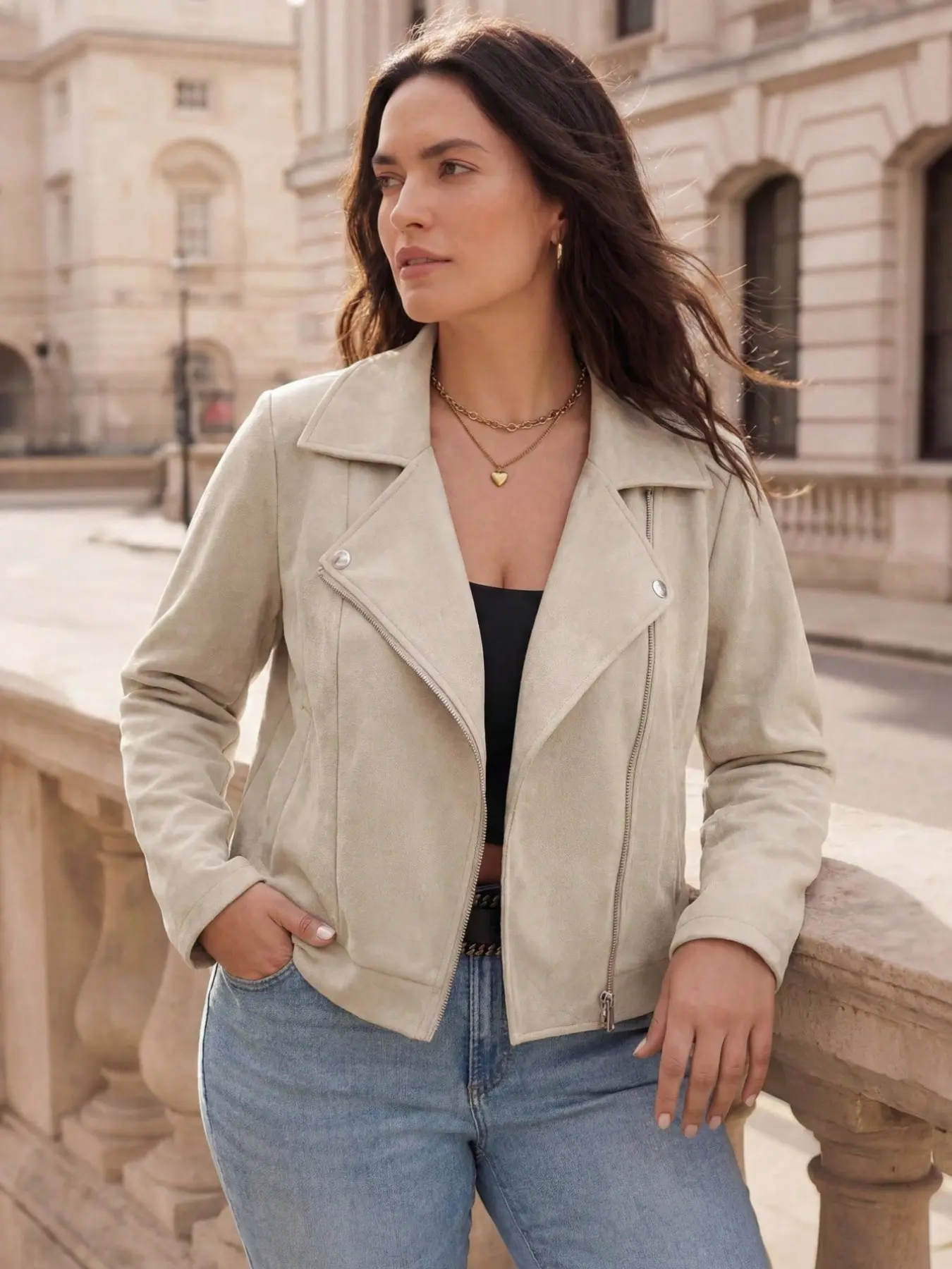 Women's Lapel Collar Asymmetric Zip Up Moto Jacket, Beige Long Sleeve Slim Fit Biker Coat, Fall Jackets, Perfect for Daily Wear, Street Style, Office Casual, Date Night, Travel, Going Out, Fall Winter Trendy Outerwear for Ladies