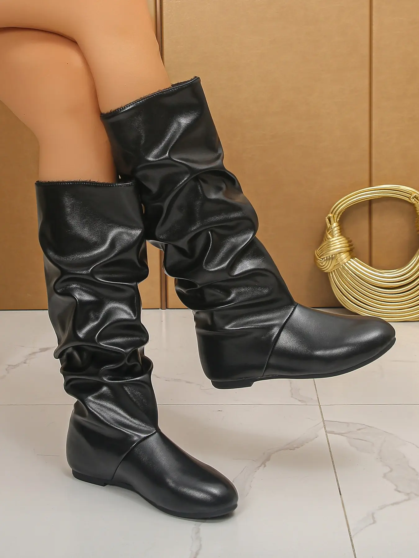 Women's Slouchy Knee High Boots Round Toe Flat Heel Soft Leather Scrunch Winter Riding Boots