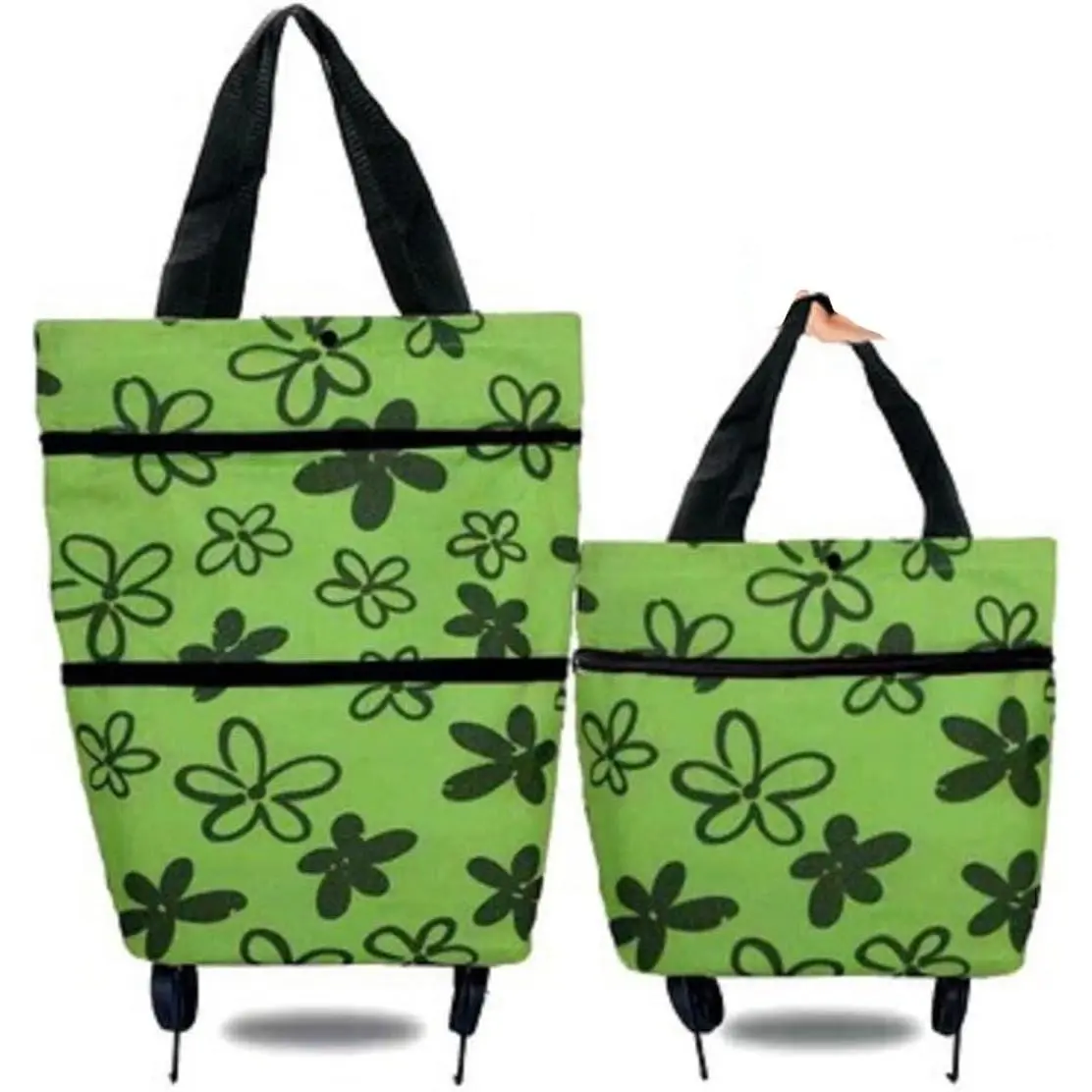 Reusable Nylon Blend Grocery Tote Bags with Waterproof Coating, Folding Wheels, Compact Folds & Green Flower Print for Grocery Hauls, Multi-Purpose Home Organizer Storage Bags