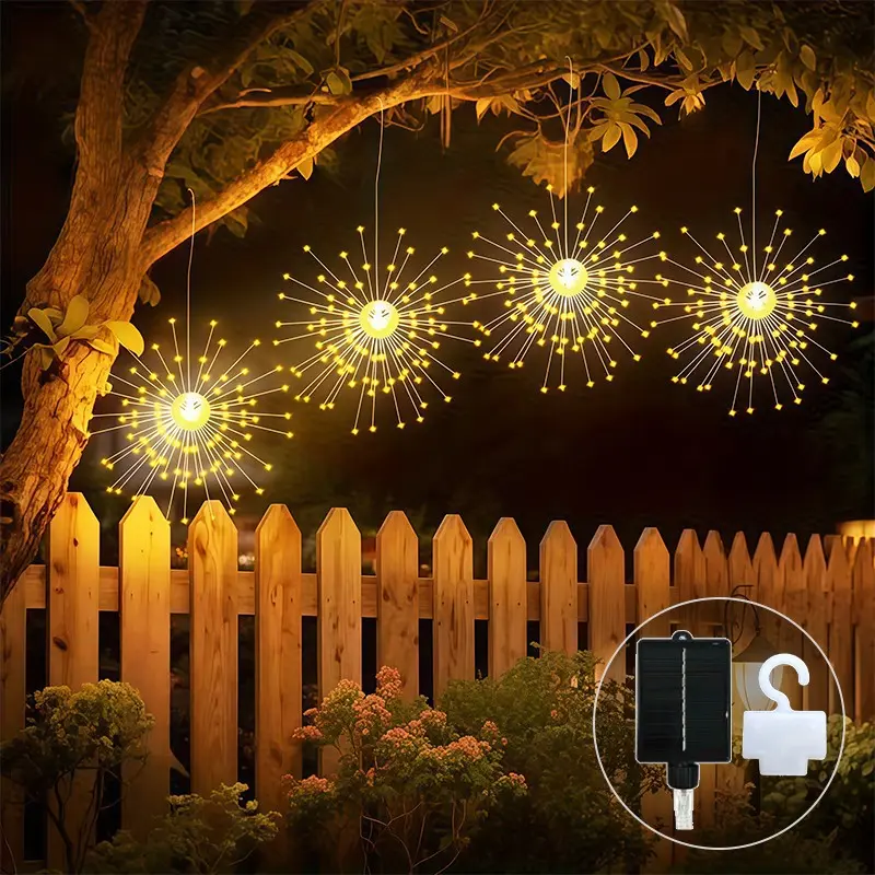 Solar-powered LED Hanging Firework Lights, 8 Lighting Modes and Solar-powered Supply, Are Ideal for Decorating Courtyards and Gardens. They Are Perfect for Camping, Birthday Parties, Holidays, and Outdoor Lighting Decorations. Solar Garden Lamps