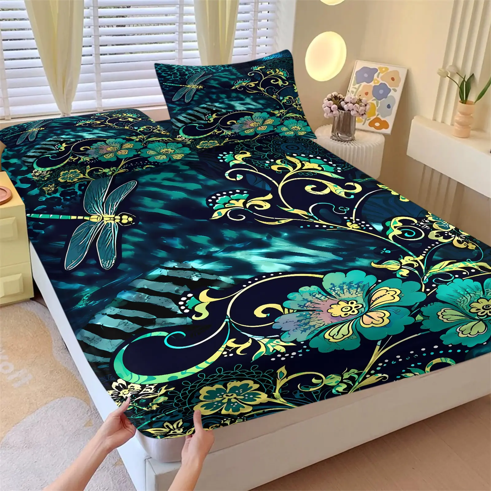 Dark Teal Floral Dragonfly Print Fitted Sheet Set, 1 Elastic Deep‑Pocket Fitted Sheet & 2 Pillowcases, Vintage Swirl Flower Jungle Art Print Bedding Set All Size, Soft Breathable Fabic, Dorm & Boho‑Style Bedroom Decor, Soft Bed Sheets