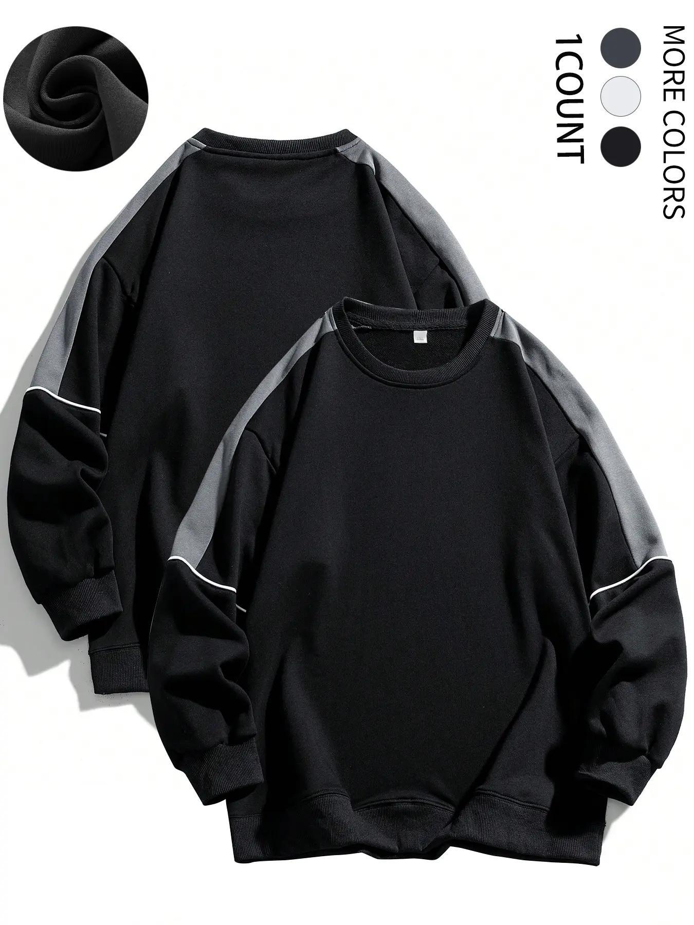 Men's Colorblock Contrast Binding Drop Shoulder Sweatshirt, Stretch Regular Fit Casual Bold Edgy Style Long Sleeve Round Neck Pullover for Spring & Fall, Fashion Men's Top for Daily Wear