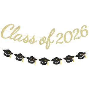 Class of 2026 Graduation Banner Set, Gold Glitter Class of 2026 Sign & Black Graduation Cap Garland, Pre-Strung Graduation Party Decorations for Home School Party Backdrop