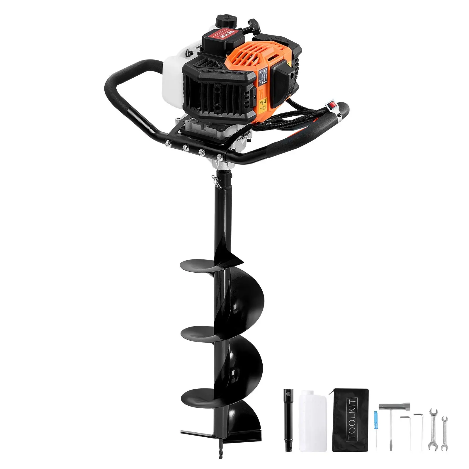 VEVOR Post Hole Digger Gas Powered, 52CC 1450W Earth Auger, Gas Auger with 8" Auger Drill Action Design Bits 1 Extension Rod, Post Fence Hole Digger for Farmland Garden Plant, Orange+Black