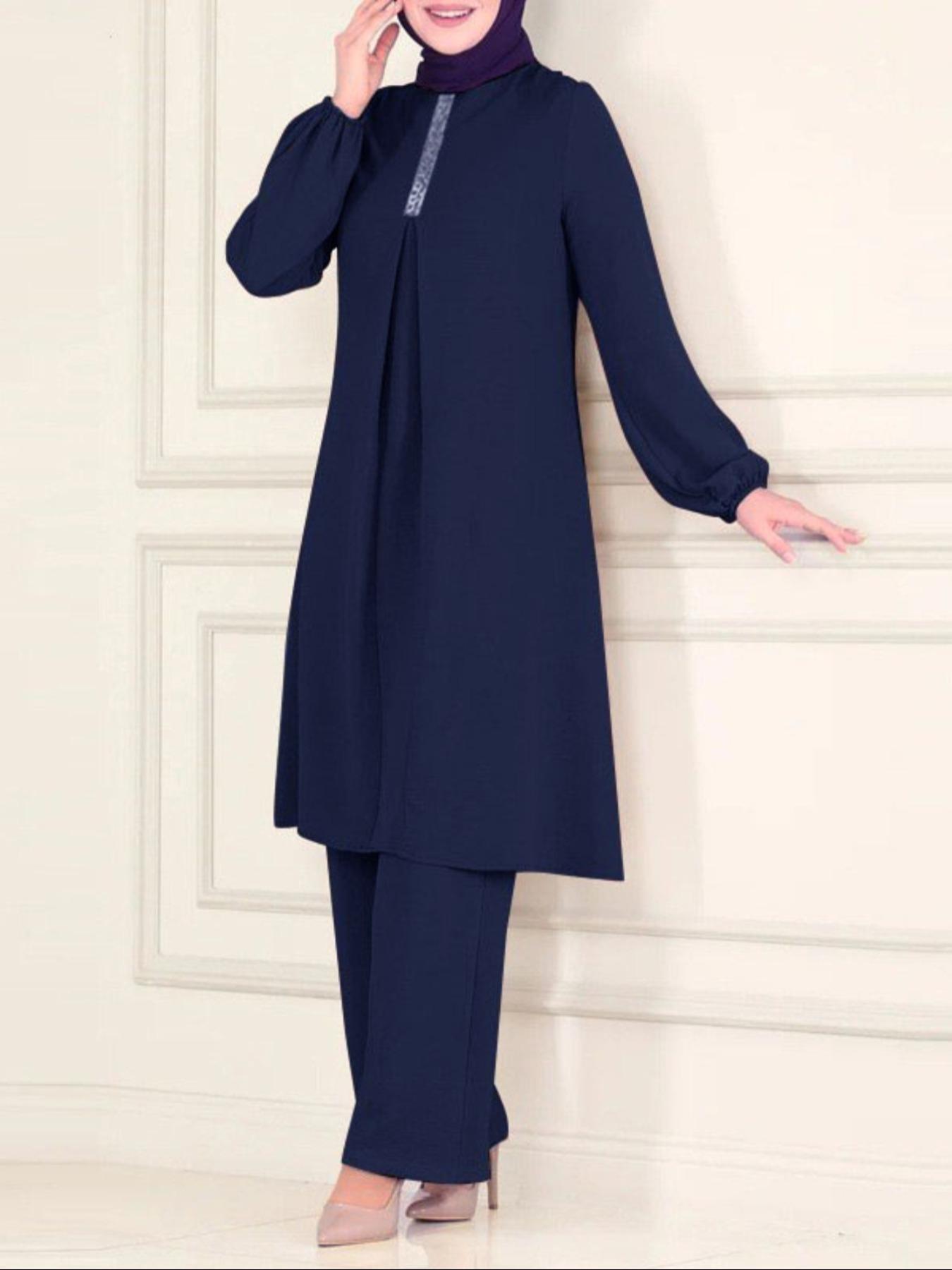 Women's Plain Contrast Sequin Bishop Sleeve Round Neck Tunic Top & Wide-Leg Pants Islamic Set, Chic Modest Casual Long-Sleeve Muslim Top & Trousers Two-Piece Set for Daily Wear, Women's Islamic Clothing for All Seasons, Outfit Set for Women