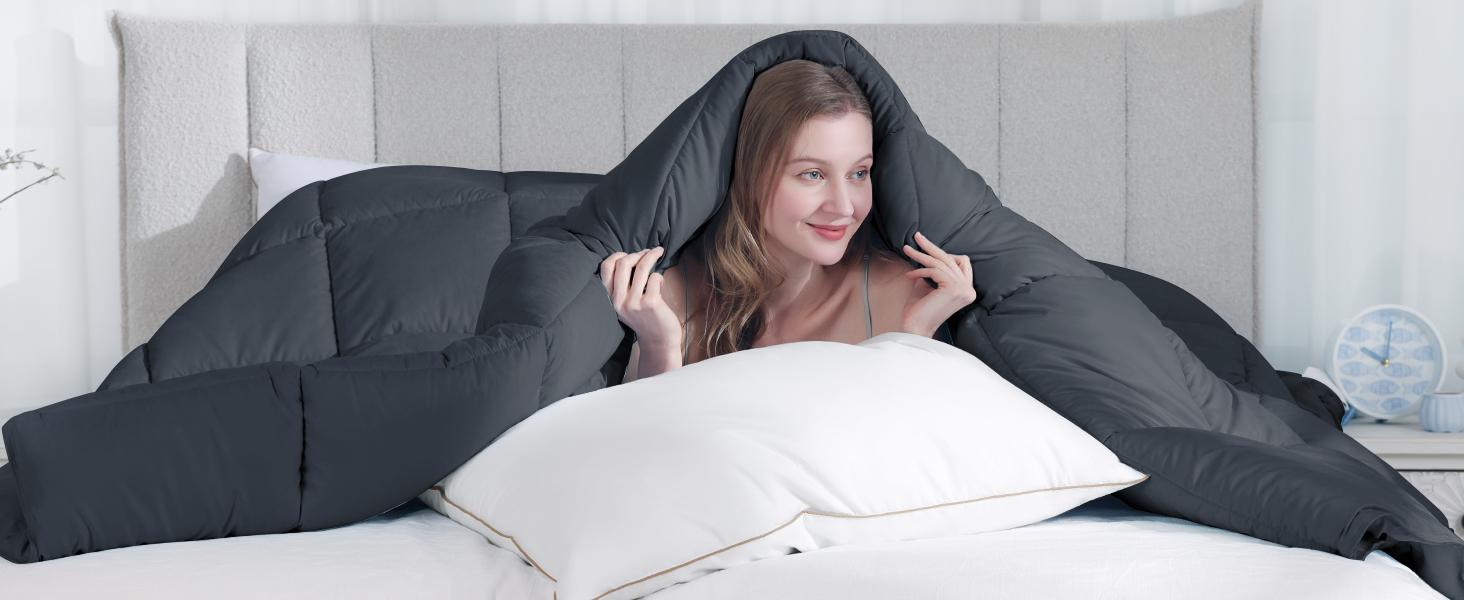 Queen Size Goose Feather Fiber and Down Comforter Duvet Insert All Season Hotel Luxury Bedding Comforters Soft Medium Warmth 88x88 Inches Dark Grey