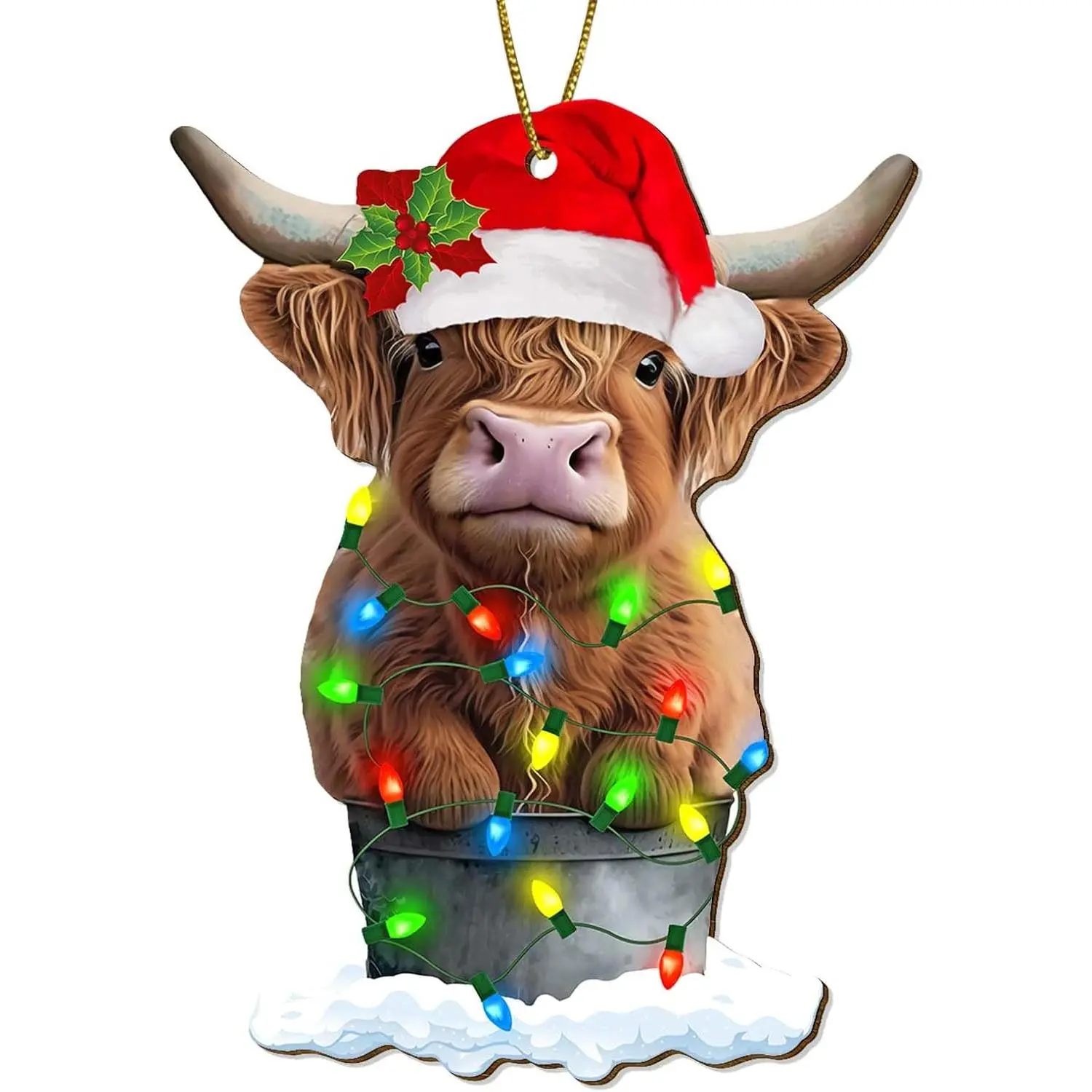 Cute Cow Christmas Tree Keepsake Ornaments - Farmhouse Cow Shape Wooden Figure, Double-Sided Printing Farm Animals Hanging Decor for Home Holiday Supplies, Highland Cow