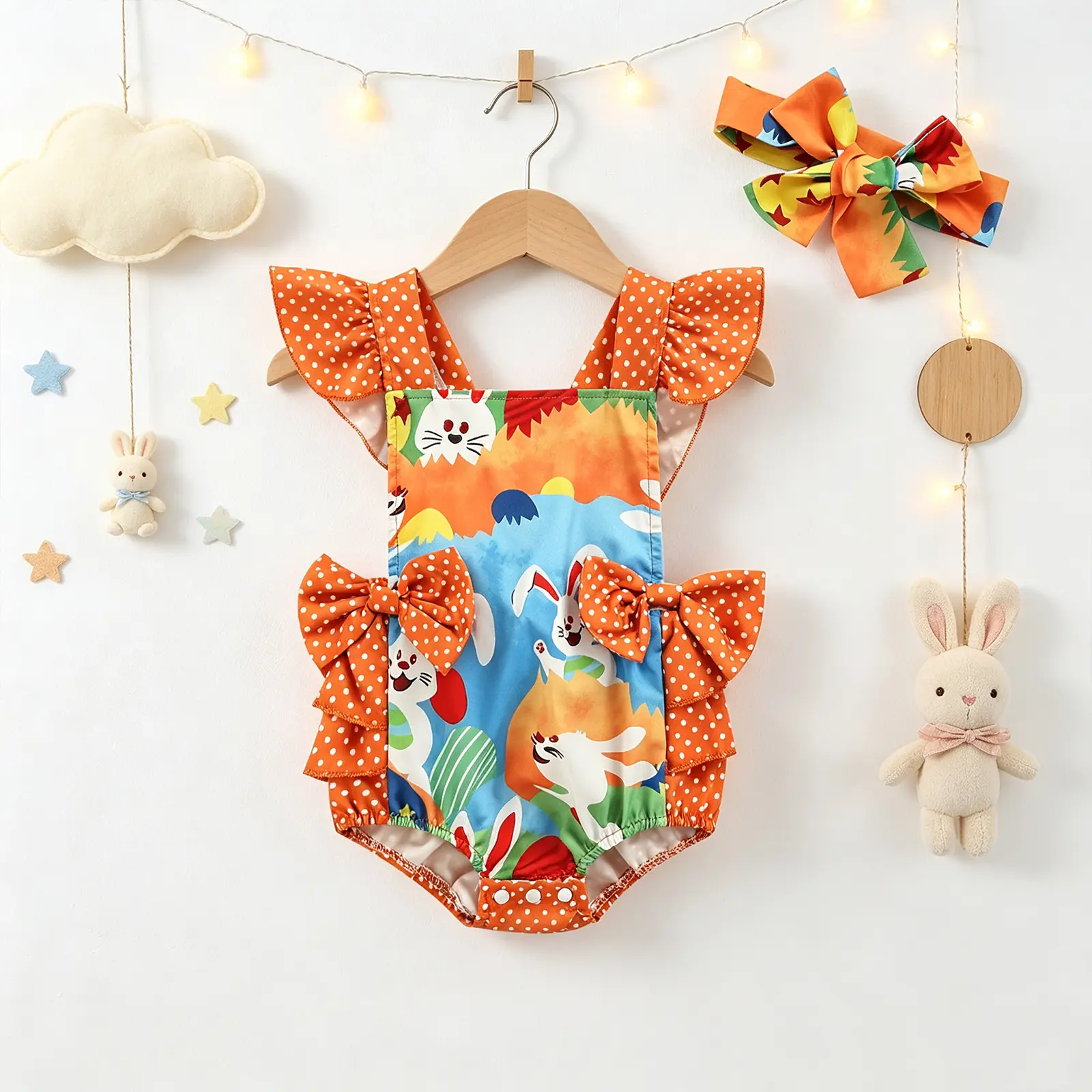 Newborn Baby Flying Sleeve Bodysuit, Rabbit Printing Wave Points Short Romper with Decorative Headband