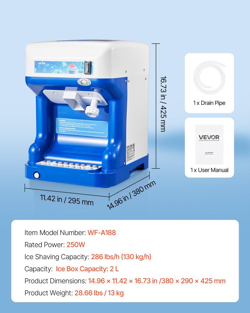VEVOR Commercial Ice Shaver Crusher, 286lbs Per Hour Electric Snow Cone Maker with 2L Ice Cube Box, 250W 1500RPM Tabletop Shaved Ice Machine for Parties Events Snack Bar, Home and Commercial Use (Blue)