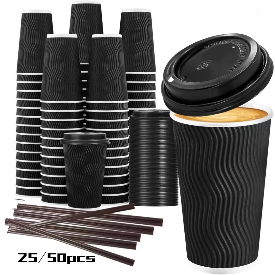 25/50 Pack 16oz Insulated Coffee Cups with Lid, Disposable Paper Coffee Cups for Espresso, Hot Chocolate, Cocoa, and Hot Tea, Paper Cups with Lids