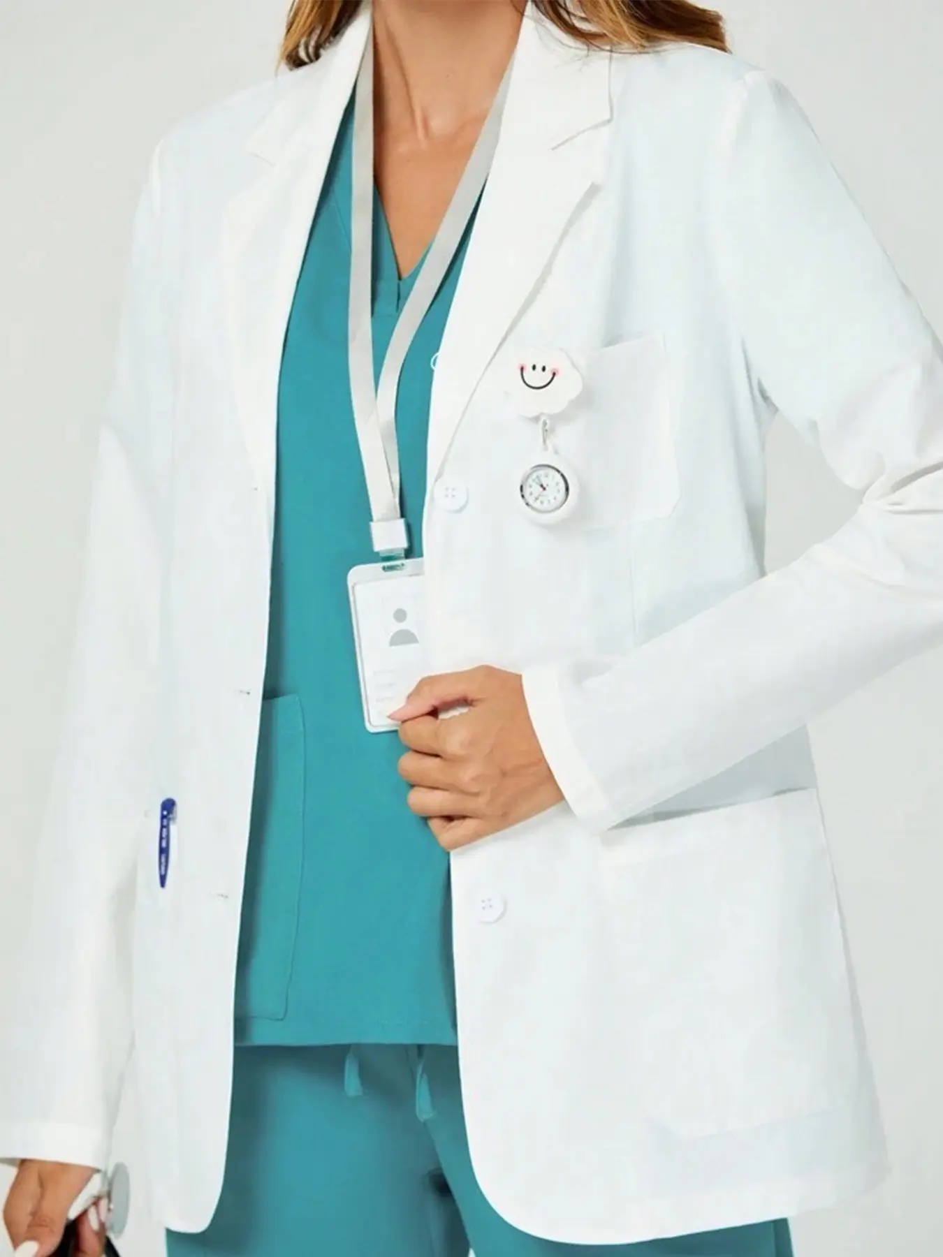 Women's Solid Color Long Sleeve Lab Coat, Multi-Pocket Turn-Down Collar, Fashionable All-Season Workwear, Role Play Outerwear, Work Clothes