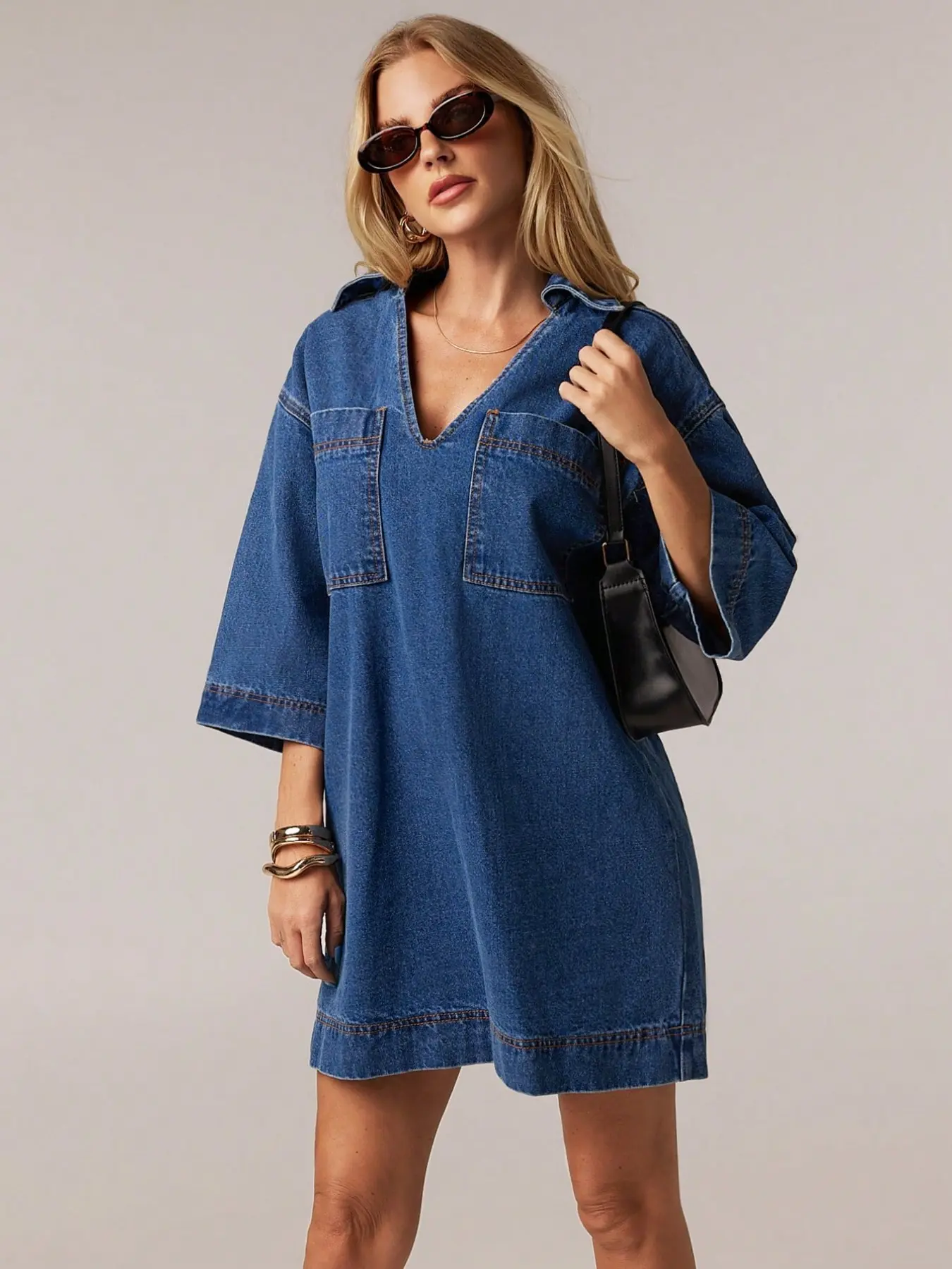 Loose Fit V-Neck Denim Dress, Casual Straight Leg Denim T-Shirt Skirt, Workwear Pocket Denim Midi Dress, Fashionable Comfort Design, Casual Dresses