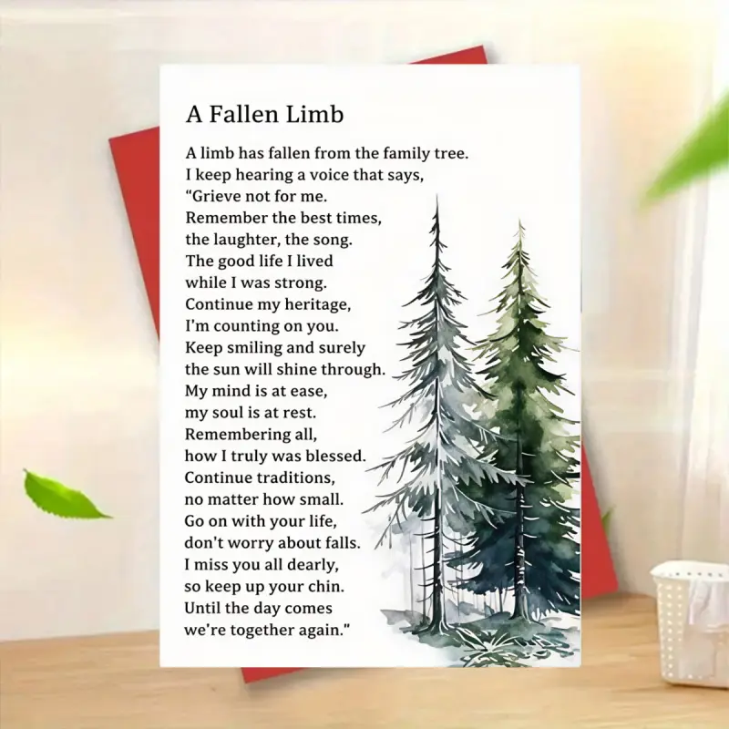 A condolence card, featuring the poem "Falling Branches" and a watercolor pine tree illustration, with blank pages inside, suitable for family loss, funerals, and memorial services