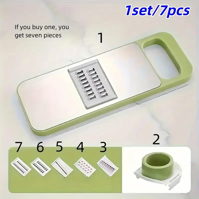 7-Piece Multi-Functional Vegetable Slicer and Grinder, Interchangeable Stainless Steel Blades, Manual Kitchen Tool for Potatoes, Carrots, Cucumbers