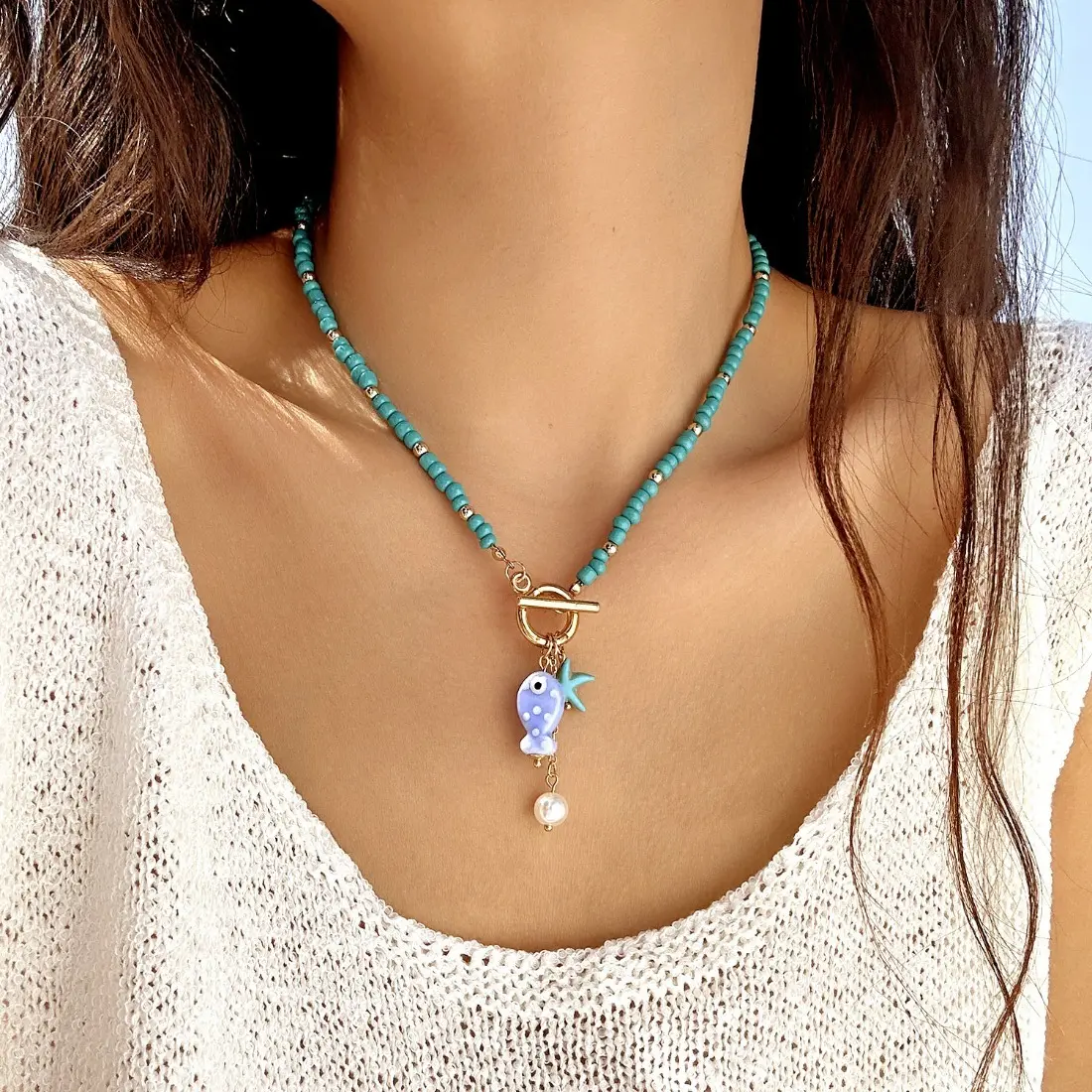 Female Boho Beach Ceramic Fish & Starfish Double-Layer Necklace - Stainless Steel Jewelry with Artificial Pearls, Plastic Rice Beads, Lightweight Statement Piece for Vacation, Party