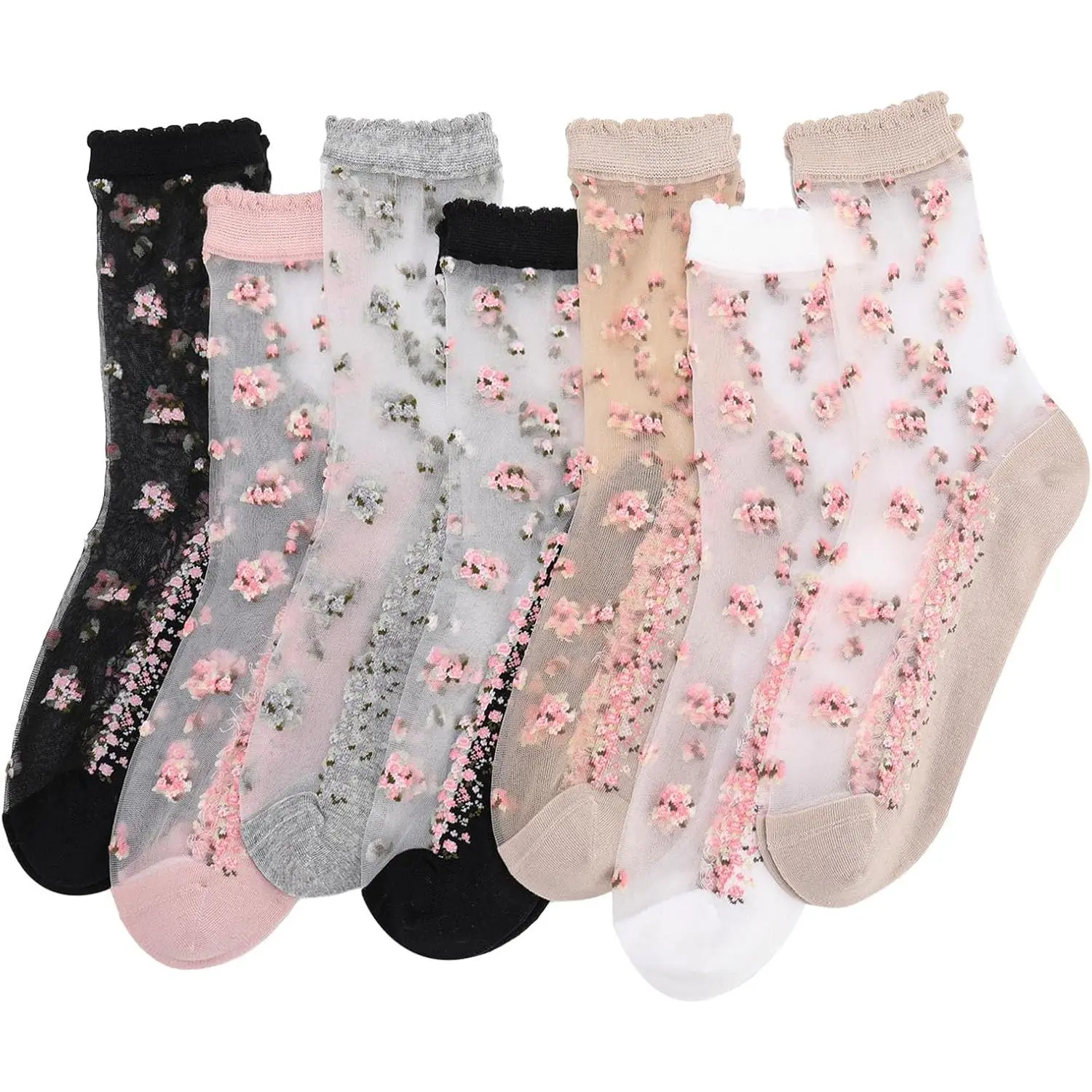 Vintage Flower Sheer Socks  Women Ankle Mesh Lace Elastic Jacquard Transparent Socks