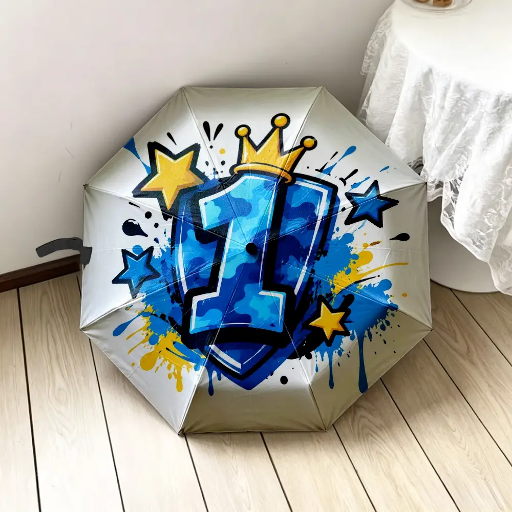 1PC Star 2D Flat Printed Folding Umbrella, external printing optional, decorated with blue camouflage number pattern and splashes, applicable for daily routines, travel journeys, and various outdoor occasions