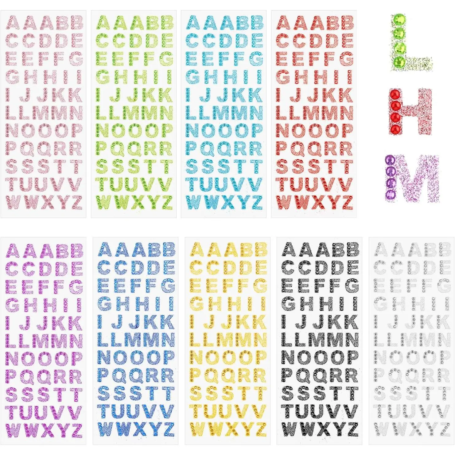 495 count Glitter Alphabet Stickers, 9 Sheets 0.6" A-Z Rhinestone Letter Stickers Self-Adhesive  Stick  Letters Shiny ABC  Sticker by Letter for Scrapbooking, Card Making, DIY Art Craft