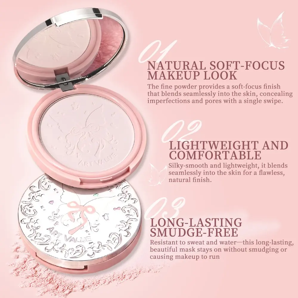 Butterfly Pressed Powder Cake, Oil Control Soft Focus Setting Loose Powder, Long-Lasting Non-Shedding, Suitable for Oily Skin, Lightweight, 3 Colors Available