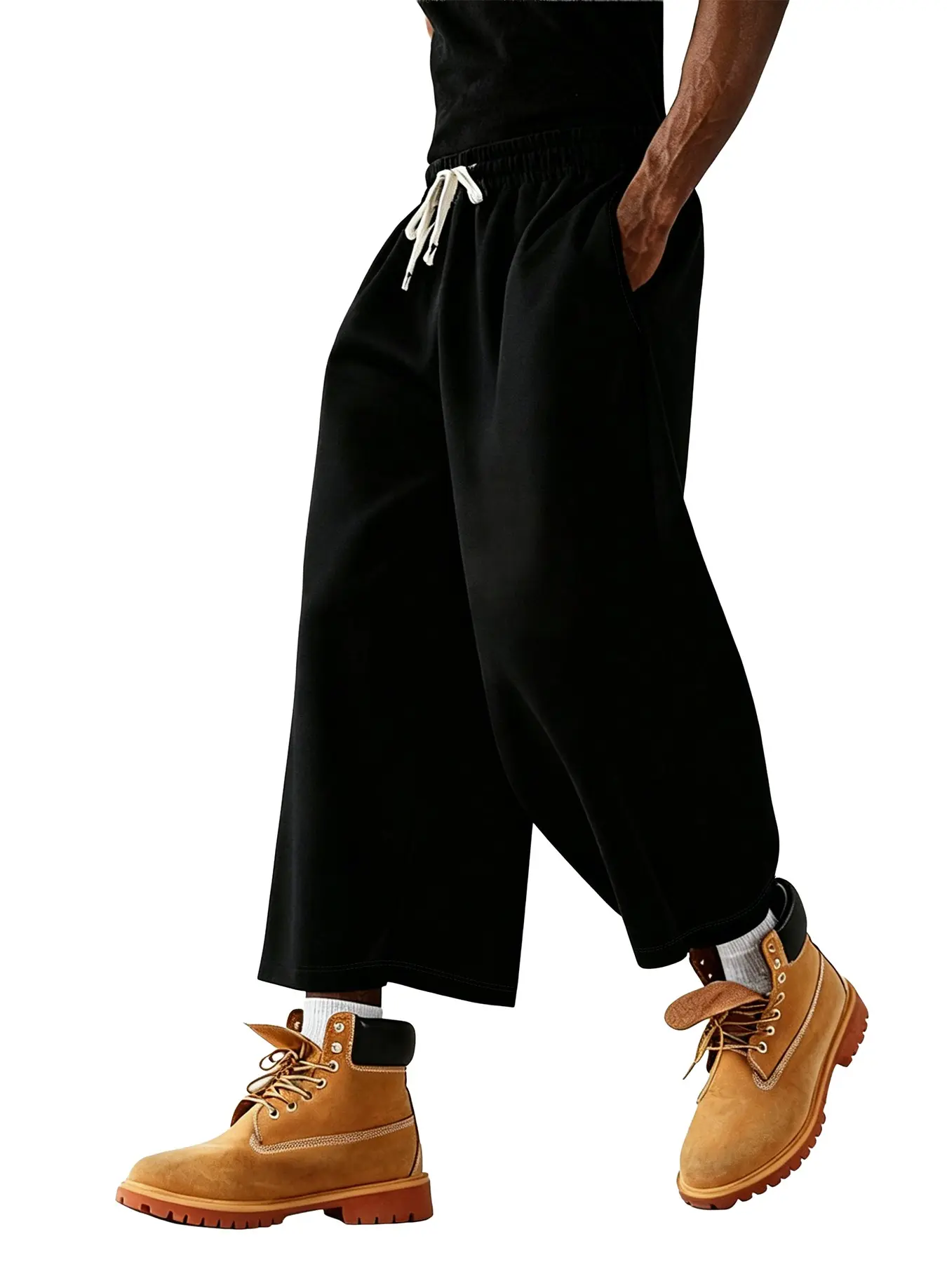 Men's Loose Fit Seven-Eleven Leg Sweatpants, Solid Color Basic Drawstring Waist Breathable Knit Casual Pants, Street Style