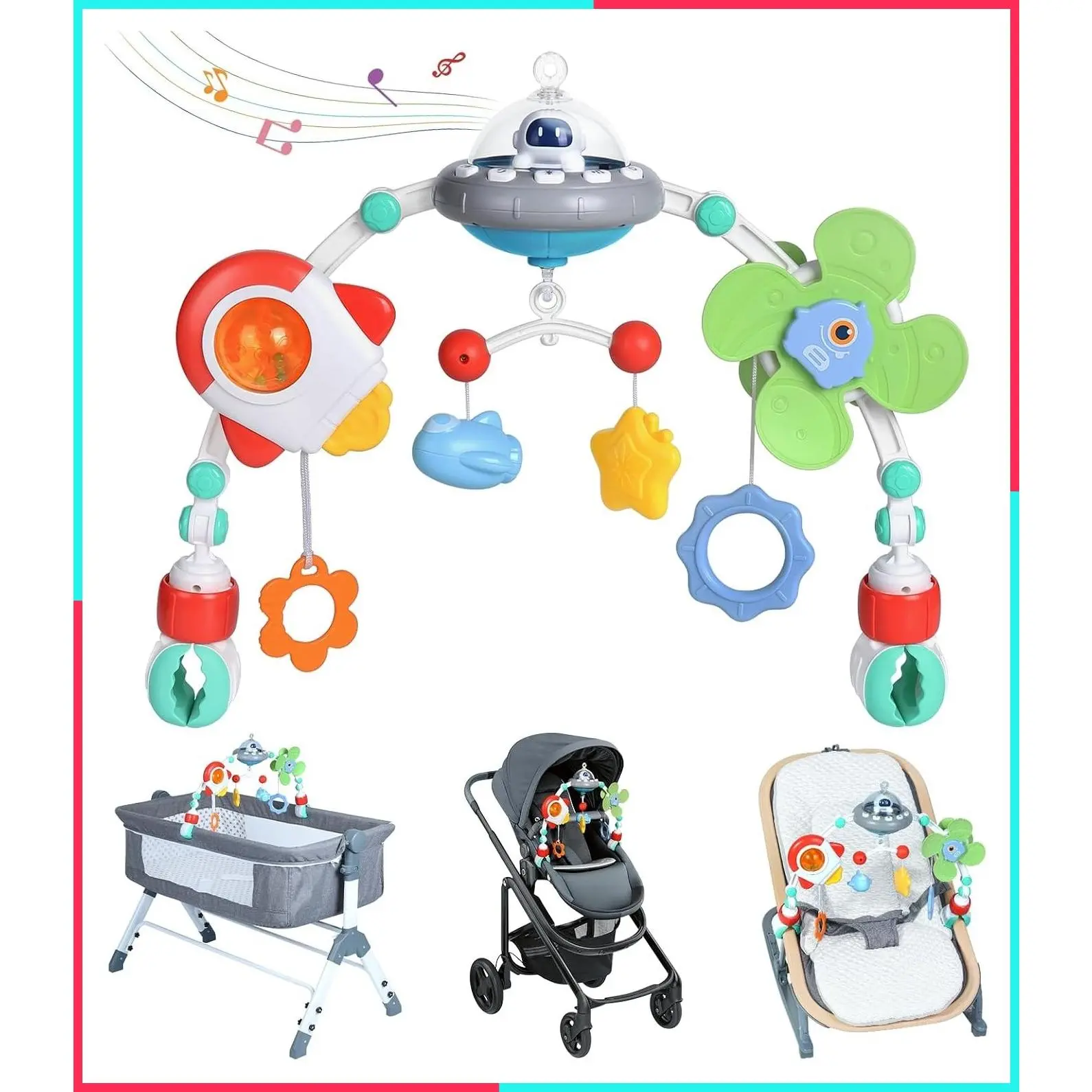 Musical Baby Bassinet Toys, Adjustable Stroller Arch Toy, Bouncer Toy Bar, Baby Mobile, Hanging Toys for Crib & Car Seat, Supports Baby's Motor & Sensory Development, Space Theme