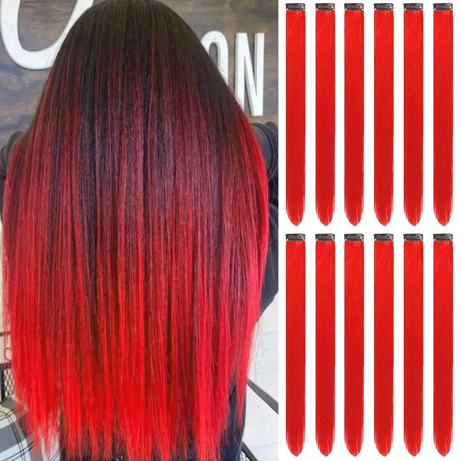 12 count  Hair Extensions Clip in, Colored Party Highlights Synthetic Hairpiece Straight 22 inch