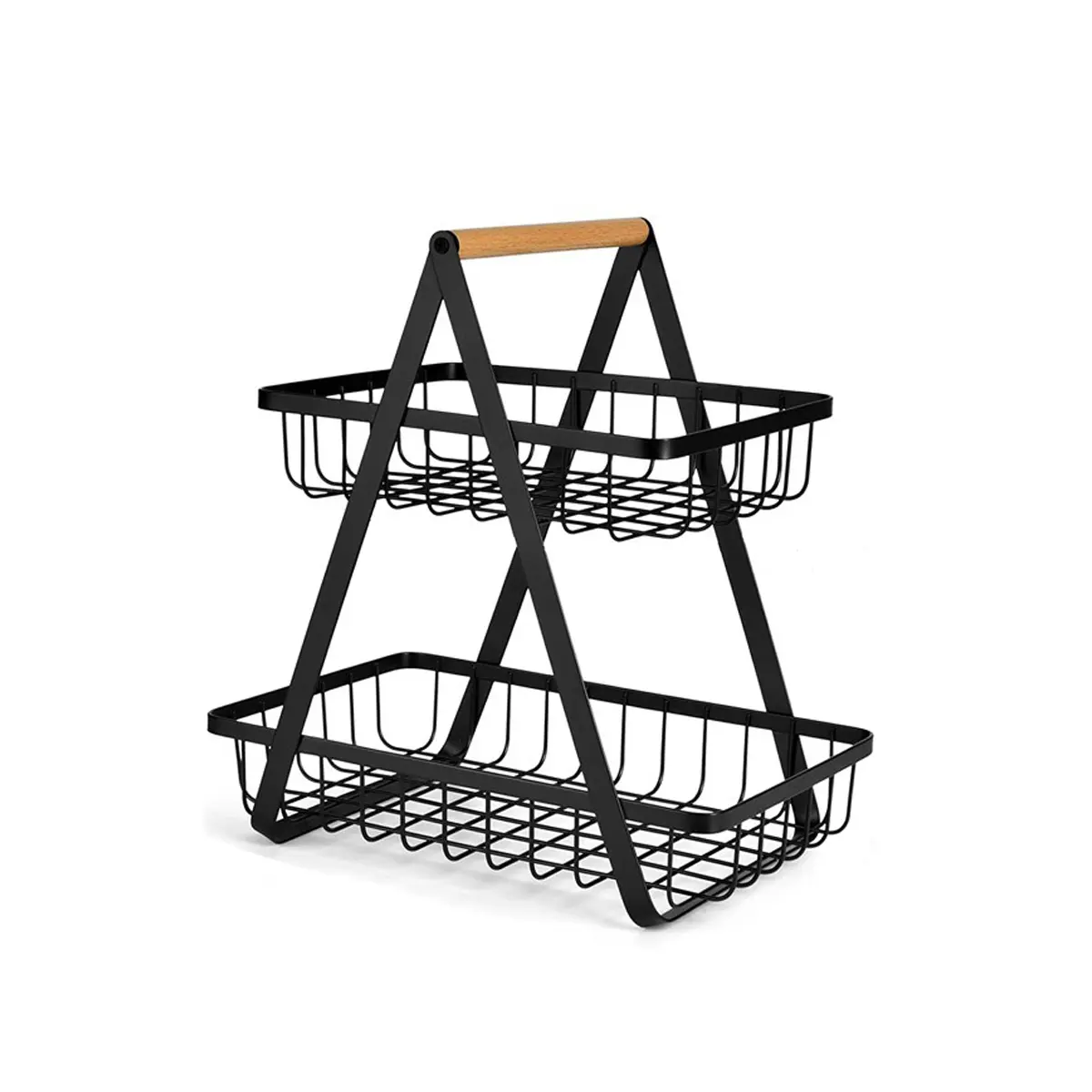 2-Tier Kitchen Storage Basket with Wooden Handle, Portable Countertop Organizer for Fruits, Snacks and Pantry Essentials