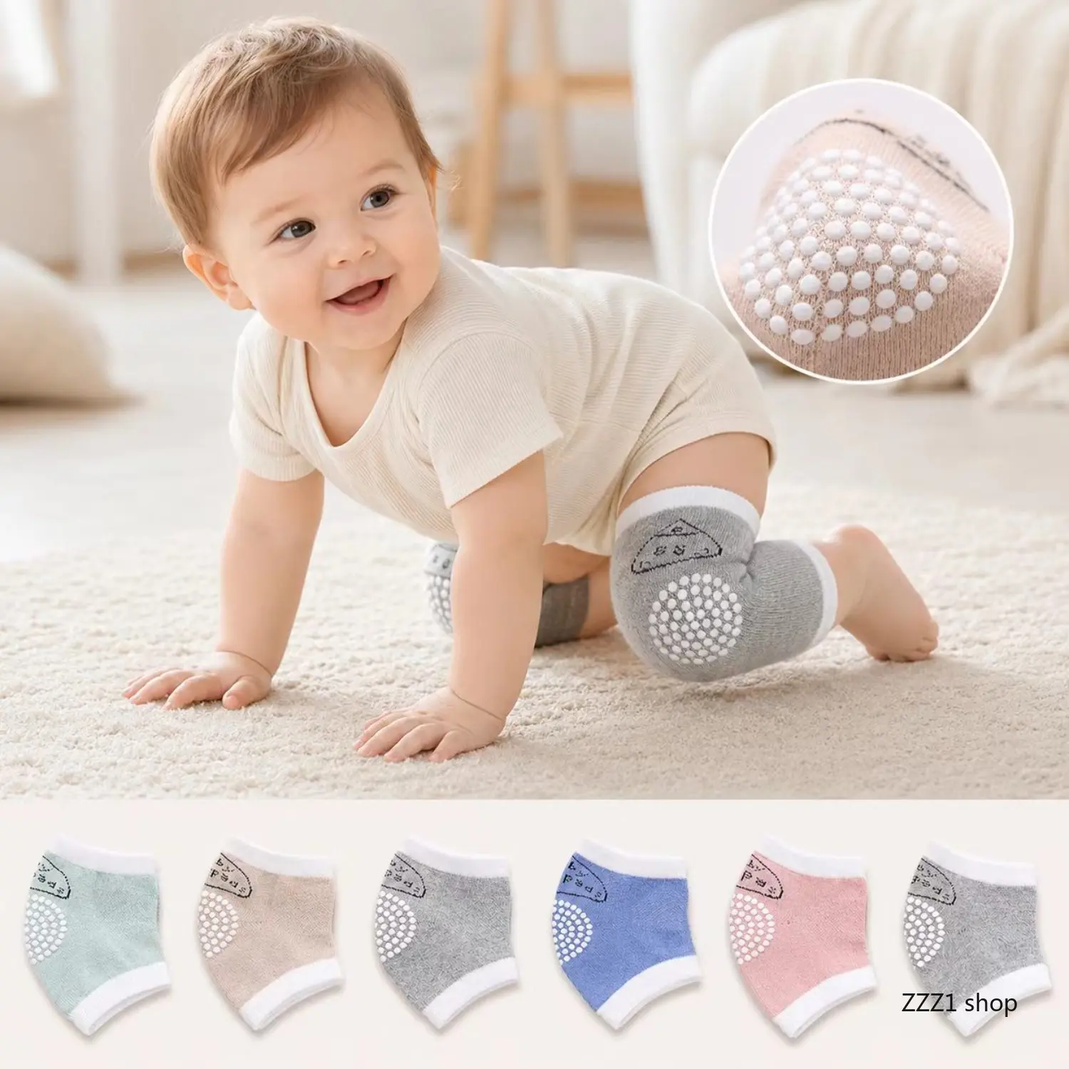 Unisex Baby Crawling Knee Pads 6-Pack - All-Seasons Elastic Bands, Non-Slip Silicone Gripper Dots Safety Protectors, Cute Characters, 1-Size for Infants' Floor Play & Walking