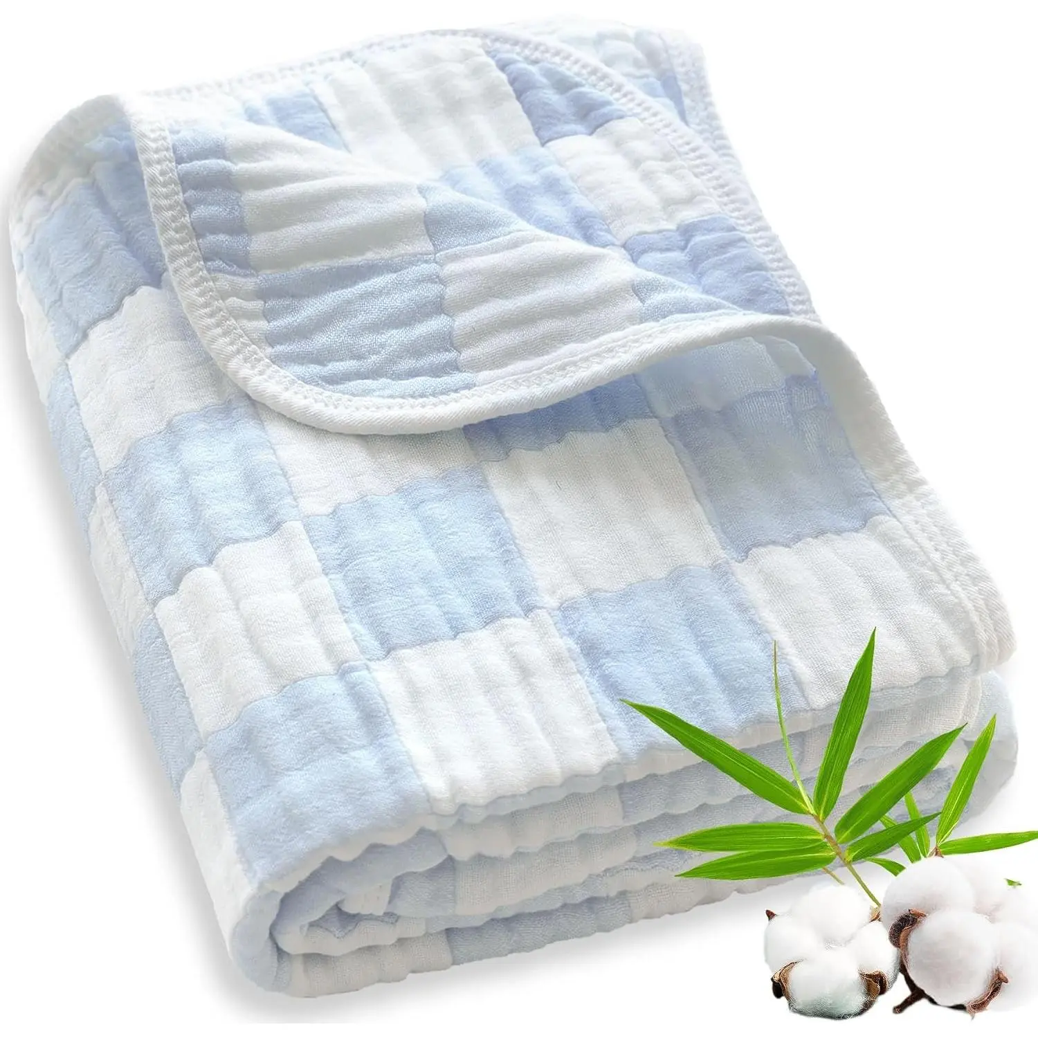 Muslin Baby Blanket for Unisex, 70% Cotton 30% Rayon, 43 Inch - Soft Lightweight 6-Layer Checkerboard for Swaddling, Crib, Stroller & Nursery, Newborn to ToddlerGift