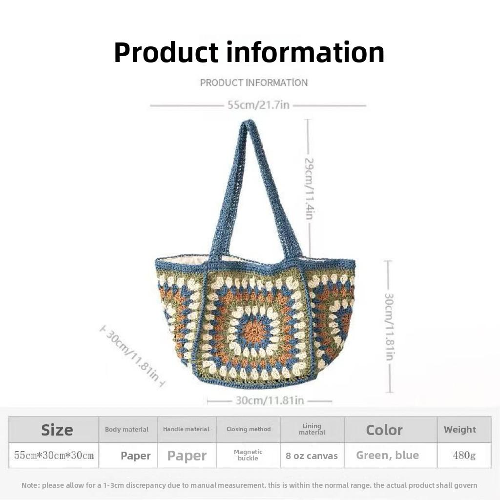 Grandmother Grid High-End Single-Shoulder Straw Bag for Women, Hand-Woven Bag with Large Capacity Canvas Lining, Beach Tote Bag