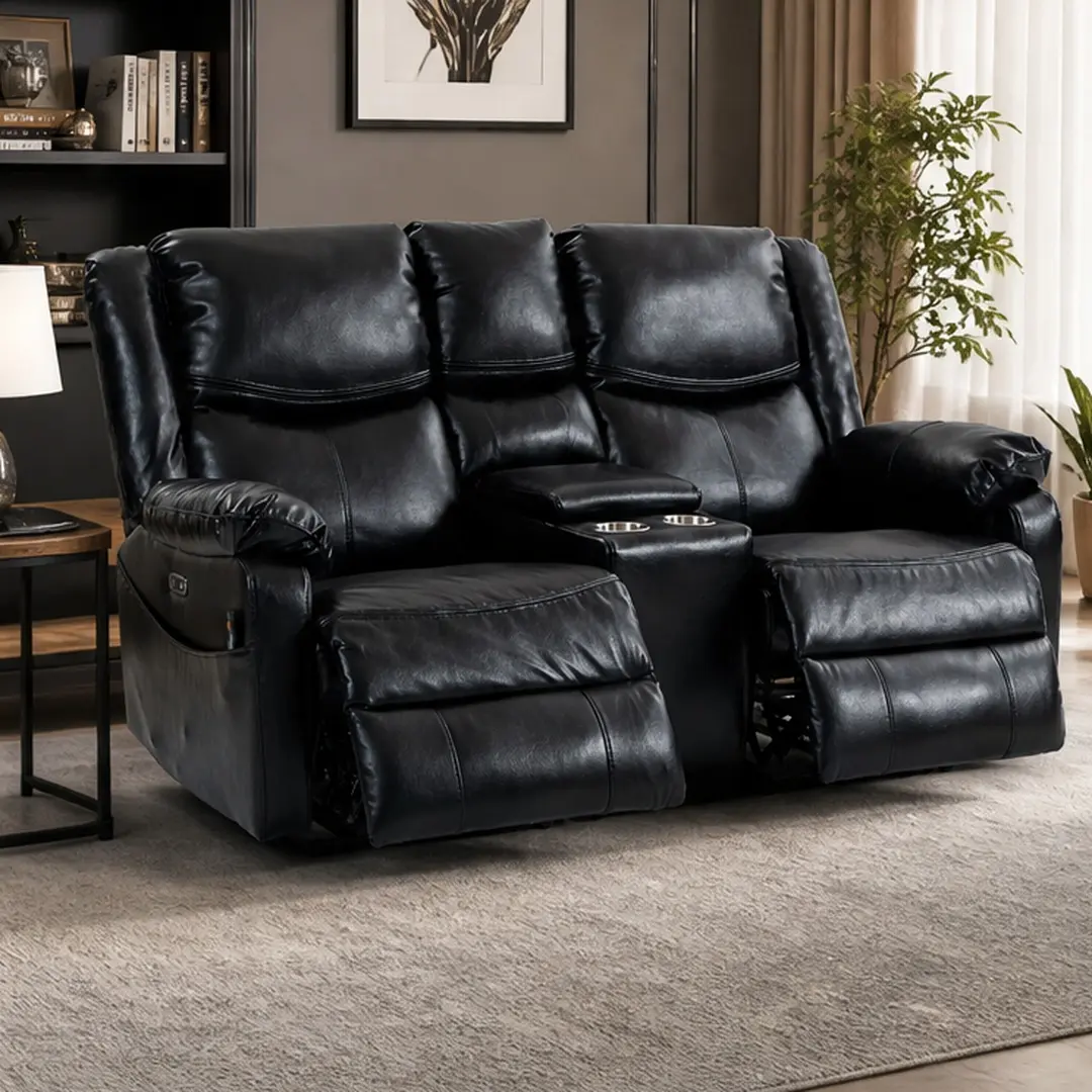 ARCH Black Faux Leather Electric Recliner Sofa Bed Set - 2-Seater Living Room Couches, 2 Lounge Chairs, Coffee Table, Power Recline, Adjustable Footrest, High Backrest, Cushioned Armrests, Built-in Remote, Modern Retro PU Leather Furniture, 2-Seater Sofa