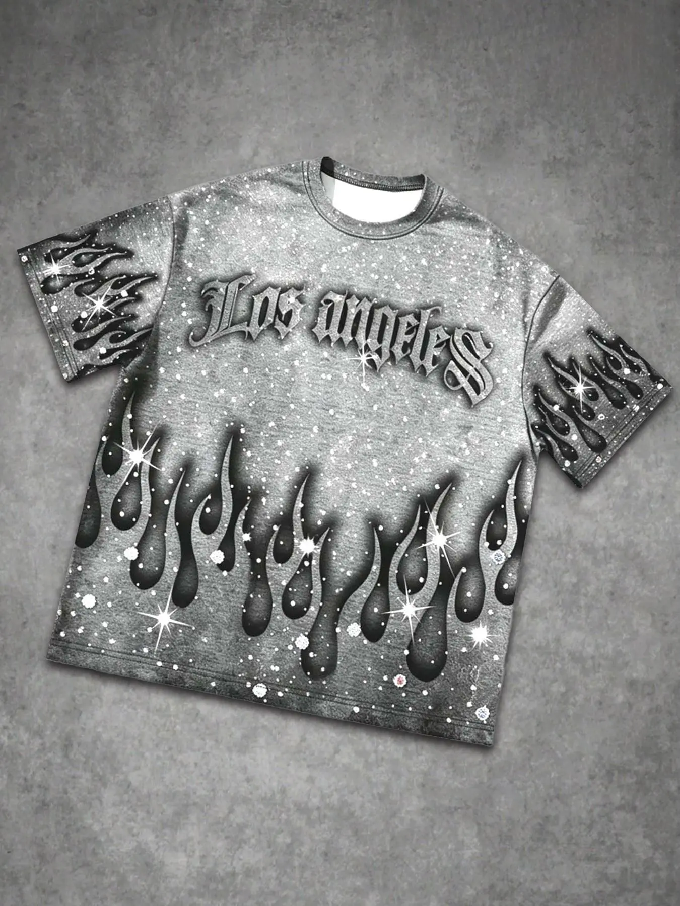 Men's Round Neck Short Sleeve Tee,  Sparkling Star Rhinestone And Flame Full Print, Los Angeles Gothic Letter Chest Graphic, Loose Baggy Street Fit, Dark Y2K Casual Top