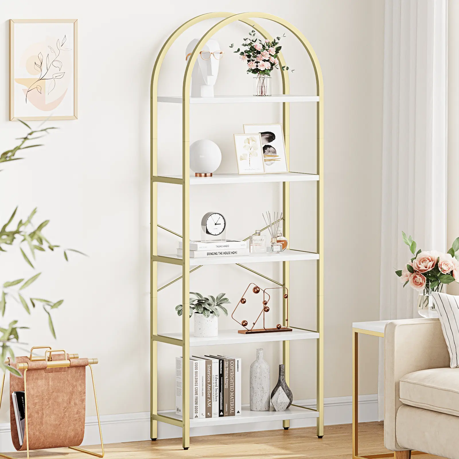 5-Tier Arched Bookshelf, Modern Display Shelves with Metal Frame & Marble Finish, Tall Bookcase Storage Organizer Rack for Living Room, Bedroom, Home Office
