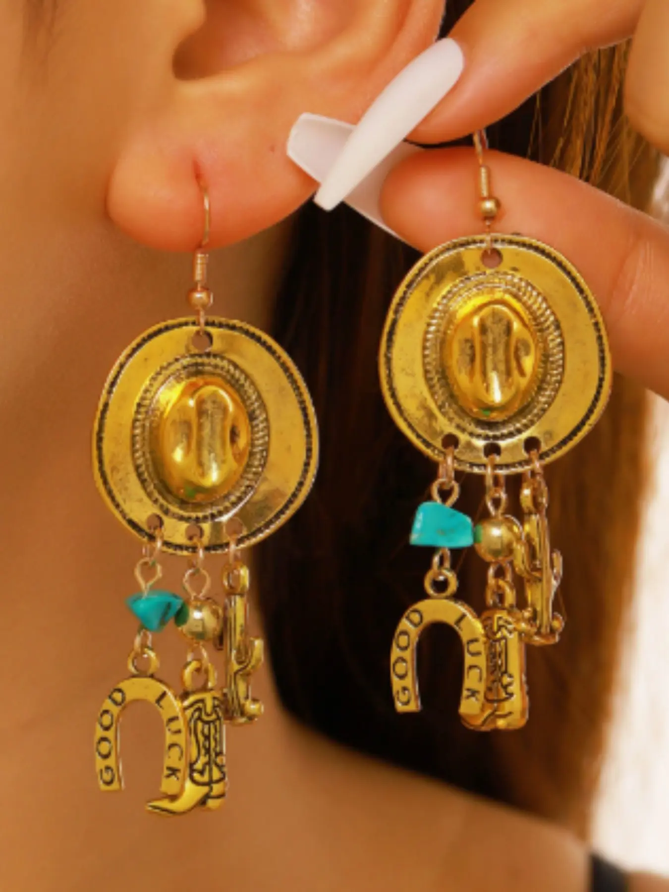Vintage Western Style Earrings, Cowboy Hat Boots Turquoise Inlay, Slimming Versatile Ear Rings, Retro Fashion Jewelry