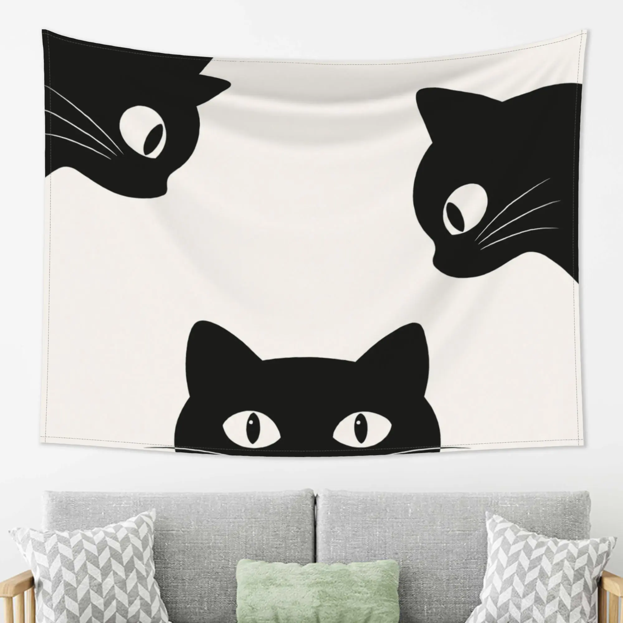 Black Cat Wall Hanging Tapestry - Cute Peeking Cats Minimalist Art Decor for Bedroom Living Room Dorm, Aesthetic White Fabric Poster Animal Themed Home Backdrop
