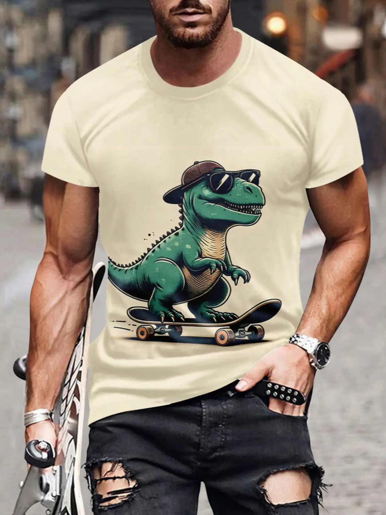 Men's Fashion Casual Round Neck Abstract Dinosaur 3D Digital Print Short Sleeve T-Shirt, Fitted Long Clothing, Summer Wear