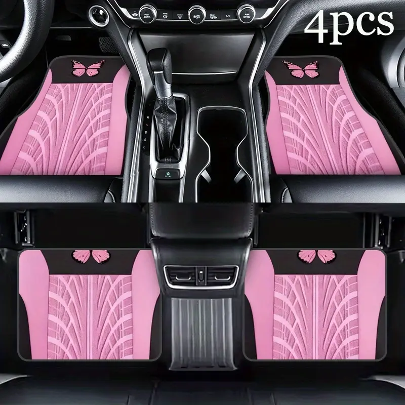 4pcs Pink Butterfly Print Car Floor Mats Car Accessories Suitable for Fit, Non-Slip Driver/Passenger/Rear Liners, Precise Edge-Sewn, Durable Auto for Easter & Mother's Day Gifts for, 2D Flat Automotive Mats