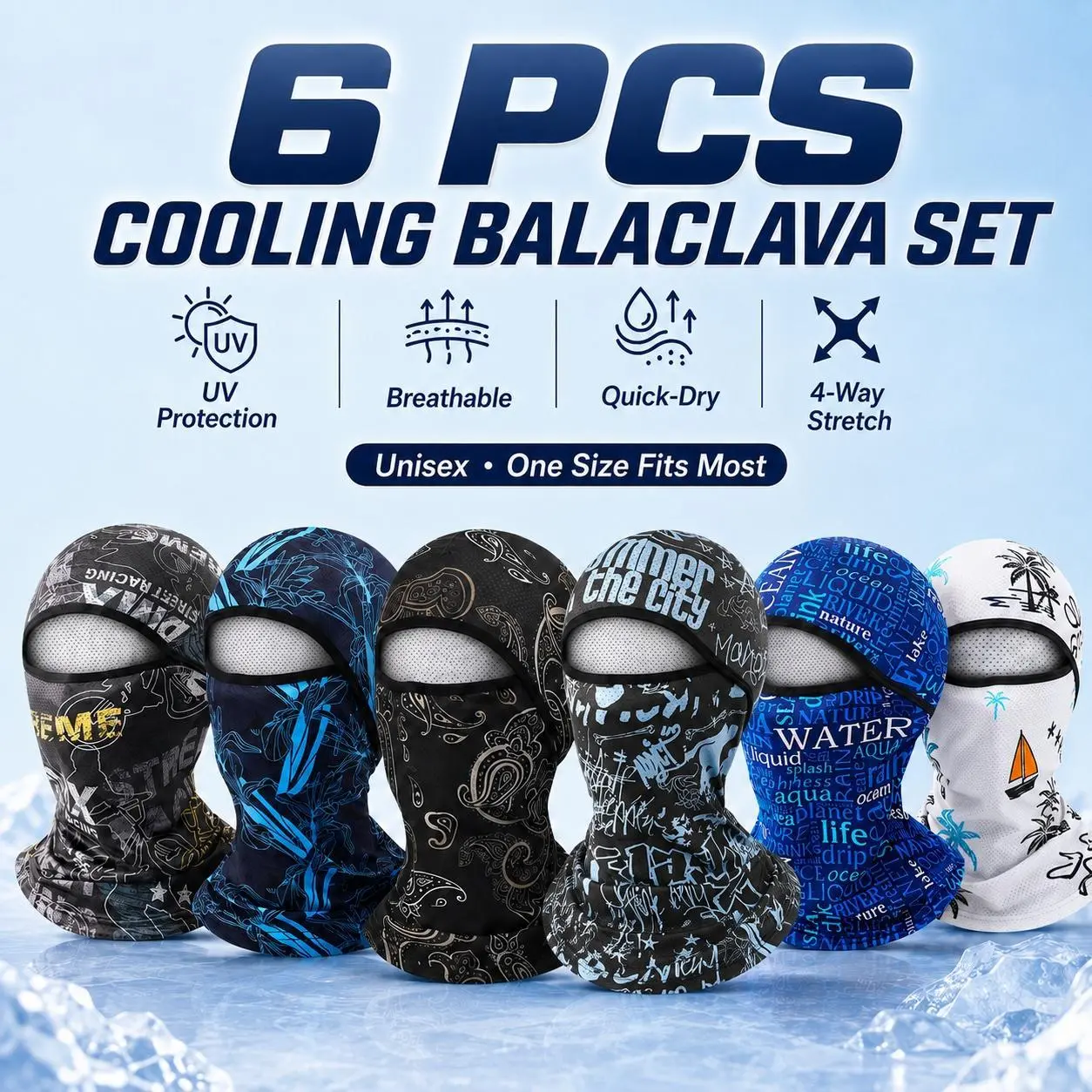6-Pack Balaclava Face Masks for Men & Women, Breathable UV Sun Protection Neck Gaiters, Lightweight Full Face Covers & Motorcycle Helmet Liners for Fishing, Cycling, Hiking, Running & Outdoor Sports