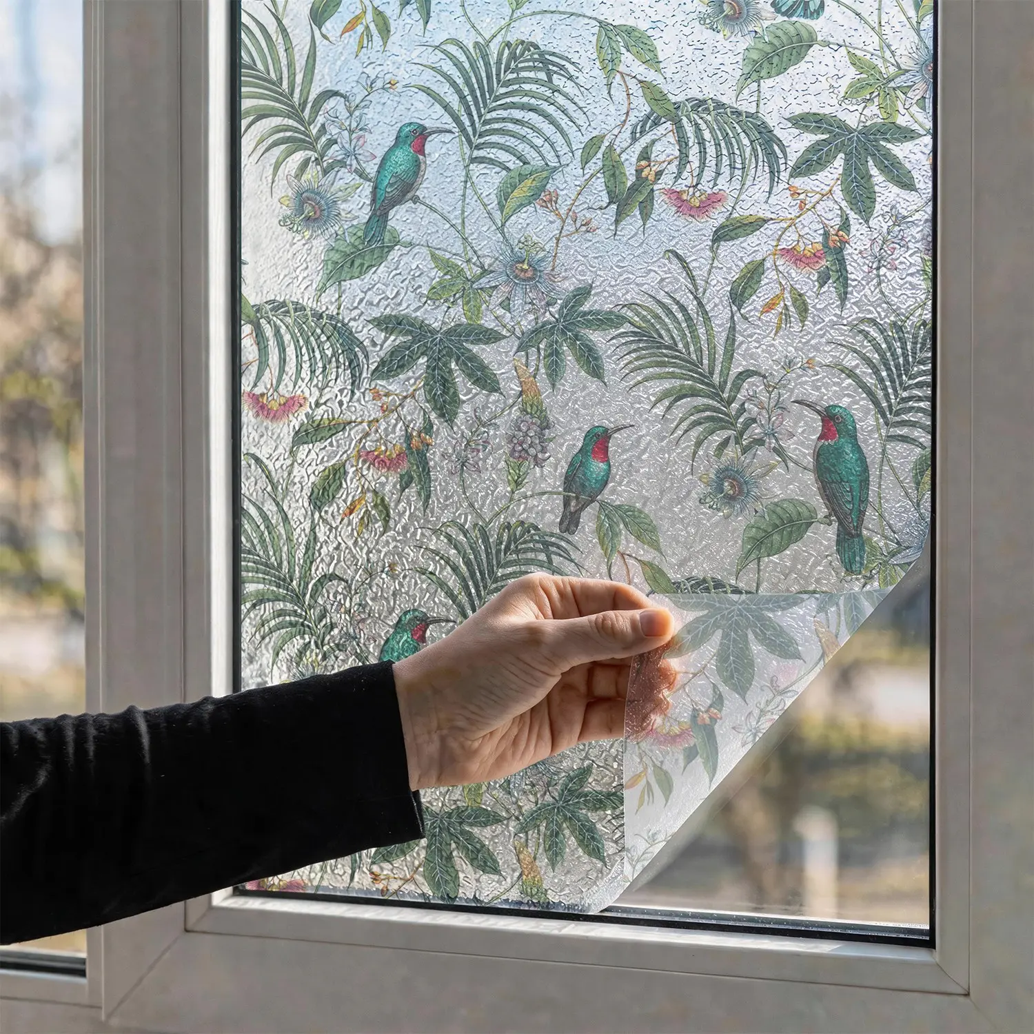 Static cling window film, glue-free removable privacy glass sticker, vintage palm flower frosted window decal, bathroom kitchen balcony door, UV protection, Flower Window Clings